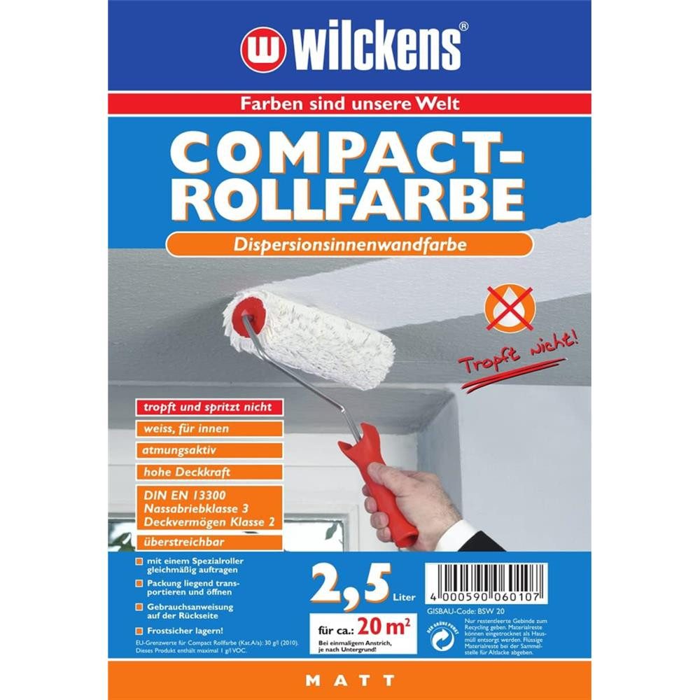 Wilckens Farben Wandfarbe Compact-Rollfarbe Weiß 2,5L matt Farbe Deckenfarbe