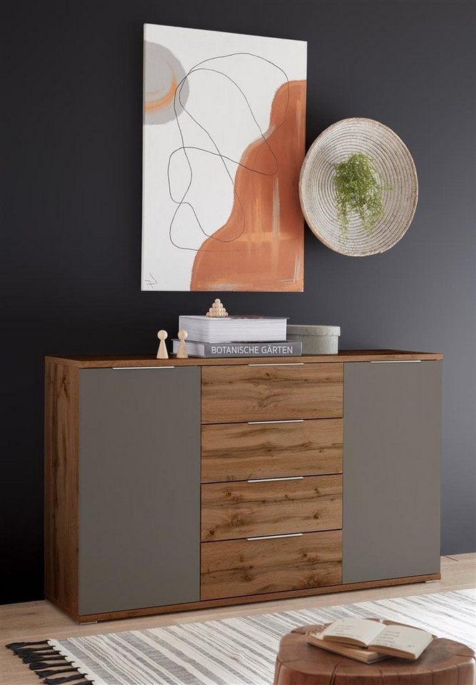 möbelando Sideboard Constantin, Modernes Sideboard aus Spanplatte in  Wildeiche Nachbildung / Basaltgrau mit 2 Holztüren, 4 Schubkästen und 2  Einlegeböden. Breite 150 cm, Höhe 90 cm, Tiefe 38 cm