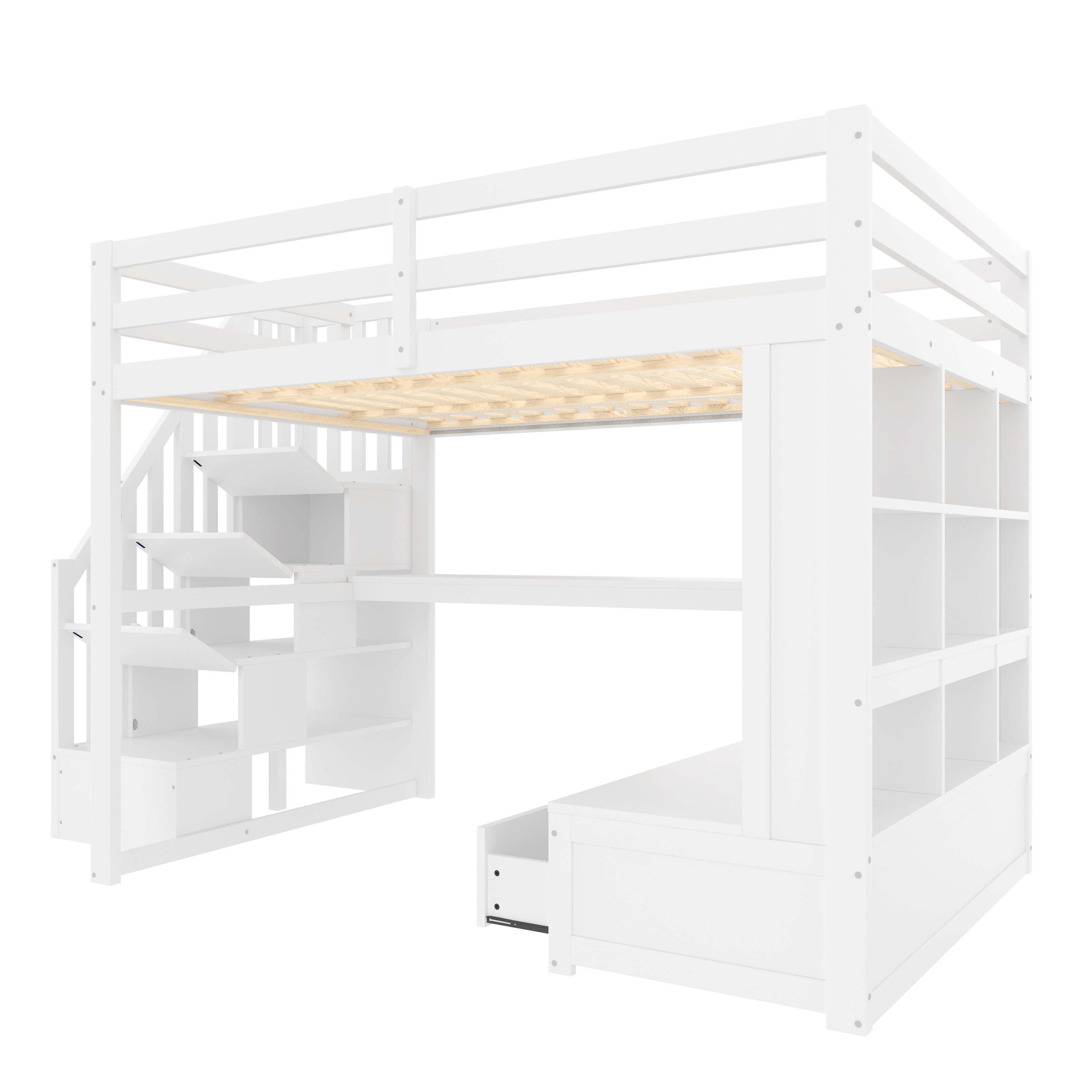 Merax Loft Bed 140x200 with LED (1 pc., House Bed Bunk Bed Youth Bed) Wooden Children's Bed with Desk Shelves Drawers Storage Stairs