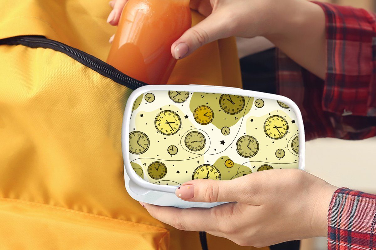 und Retro - MuchoWow Jungs Lunchbox - Kinder Brotbox (2-tlg), Erwachsene, weiß Polka Brotdose, für und für Uhr - Mädchen Muster Kunststoff, dots,