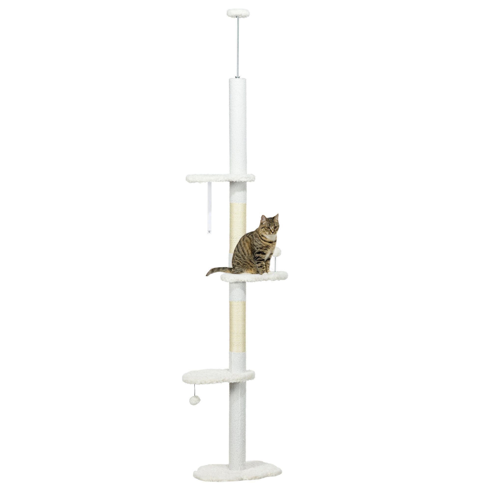 PawHut Kratzbaum Deckenhoher Katzenbaum, Sitzplattformen, Kippschutz, Plüschbezug, Weiß, Weiß, 48 x 32 x 225-255 cm