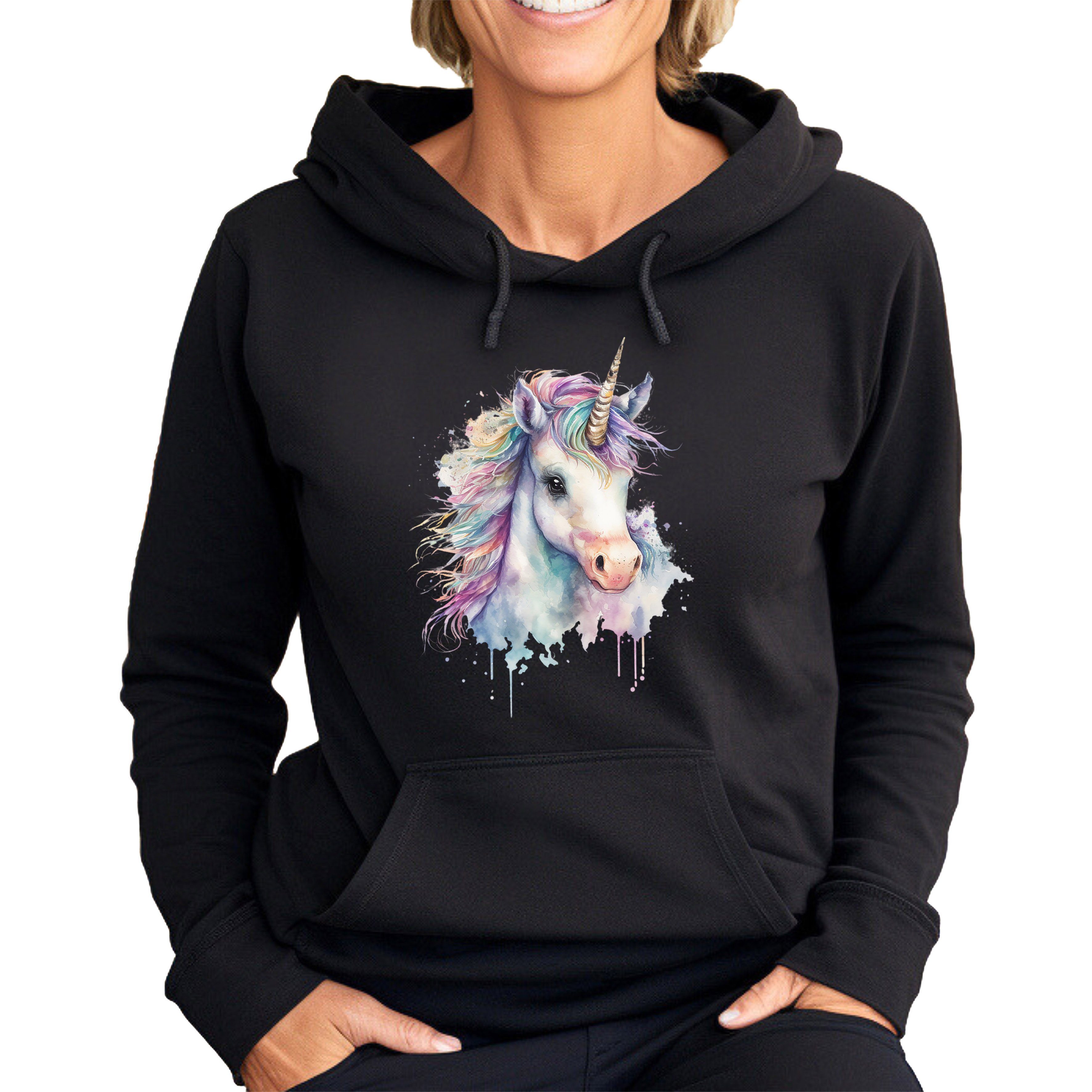 Banco Hoodie Kapuzenpullover Damen Hoodie Pullover Basic mit Unicorn mit Kapuze mit Kängurutasche, hochwertiger Druck