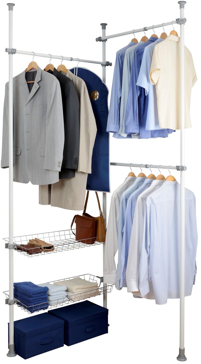 WENKO Teleskopregal Modell Herkules Duo, zum Klemmen ohne Bohren, verstellbar, mit 3 Kleiderstangen & 2 Körben