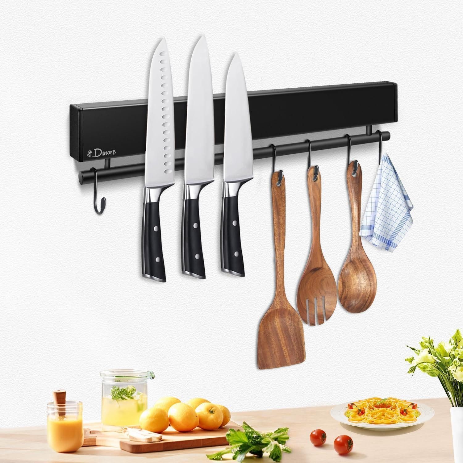 LuxusKollektion Wand-Magnet Messerhalter Magnetleiste Messer 30 cm mit 5 Haken, schwarz, selbstklebend