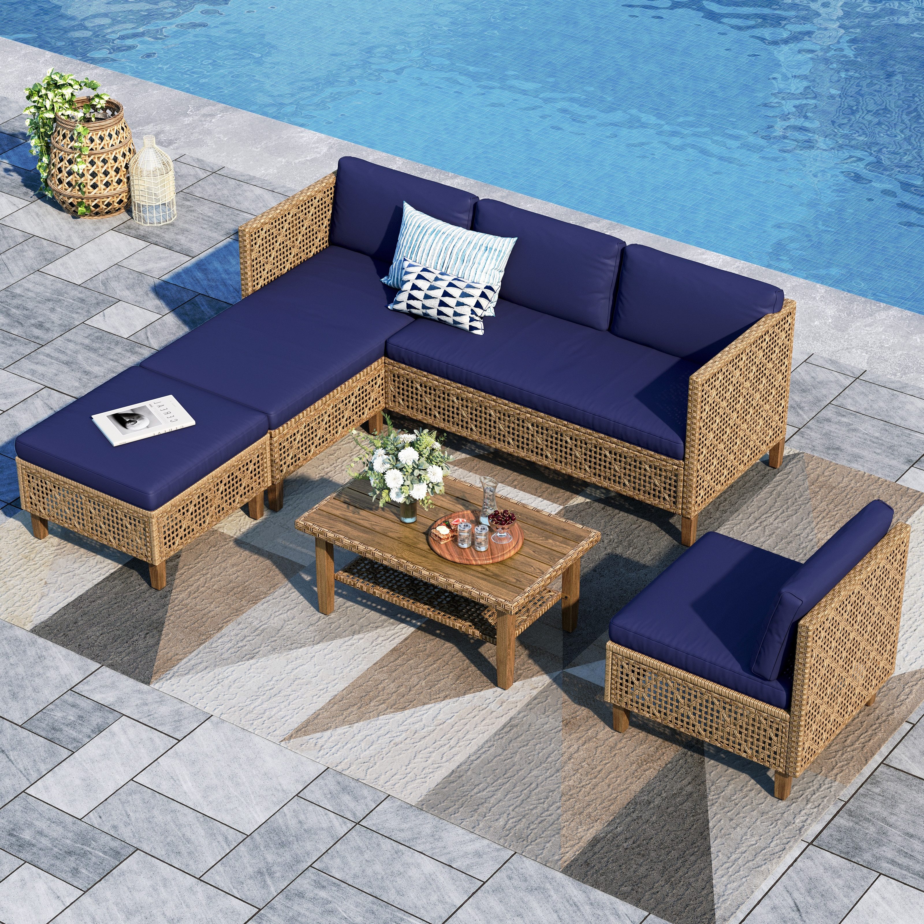 PHI VILLA Gartenlounge-Set, (1 Zweisitzer-Sofa, 2 Einzelsofas, 1 Chaiselongue und 1 Kleiner Couchtisch, PE Rattan Lounge Möbel Outdoor), 6 Personen Terassenmöbel Außen Gartensofa, Beige und Dunkelblau