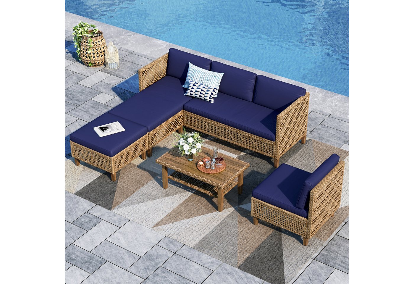 PHI VILLA Gartenlounge-Set, (1 Zweisitzer-Sofa, 2 Einzelsofas, 1 Chaiselongue und 1 Kleiner Couchtisch, PE Rattan Lounge Möbel Outdoor), 6 Personen Terassenmöbel Außen Gartensofa, Beige und Dunkelblau