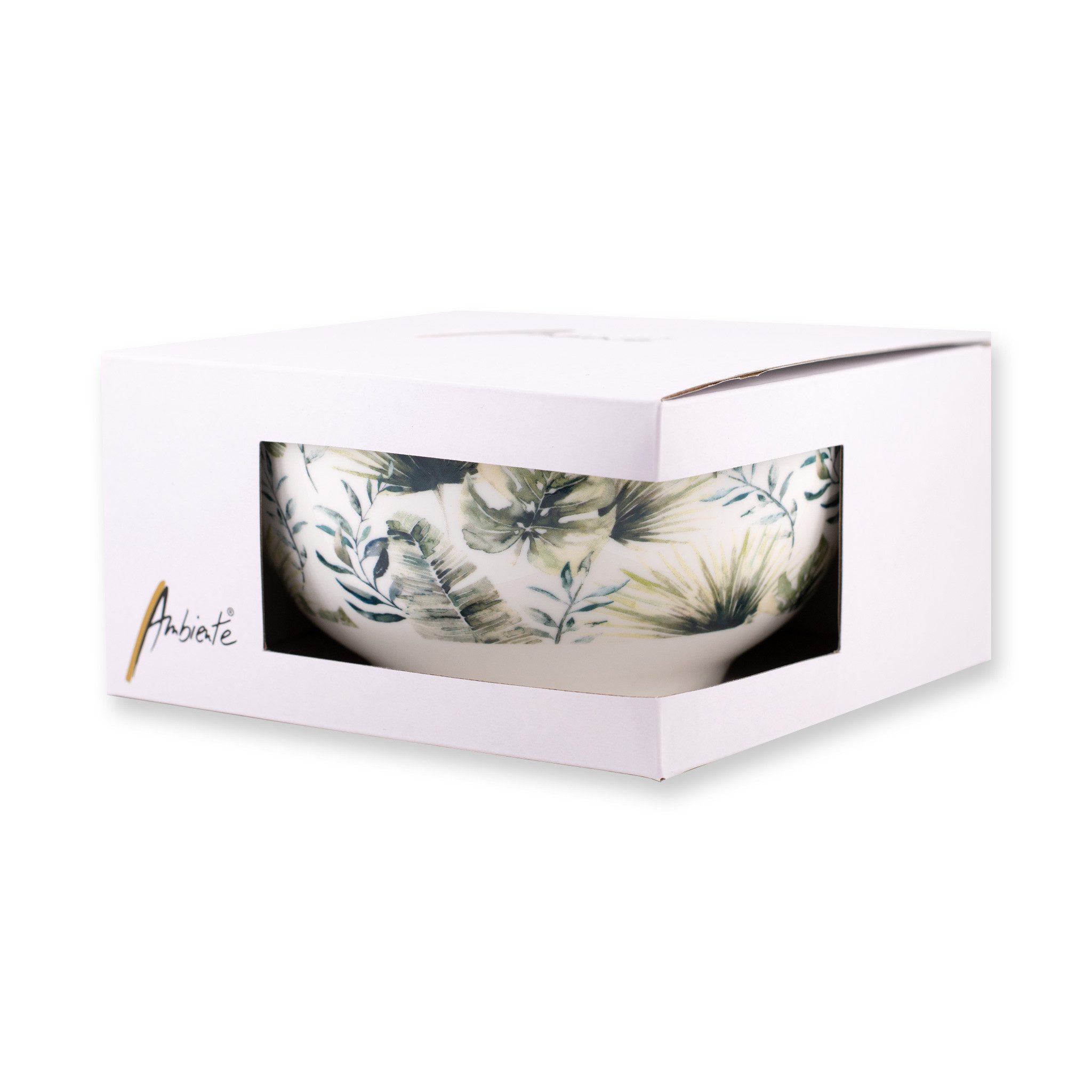 Ambiente Luxury Paper Products Müslischale, Keramik, Schale Porzellan 14x6,5cm mit Tropenblätter Muster Grün / Weiß