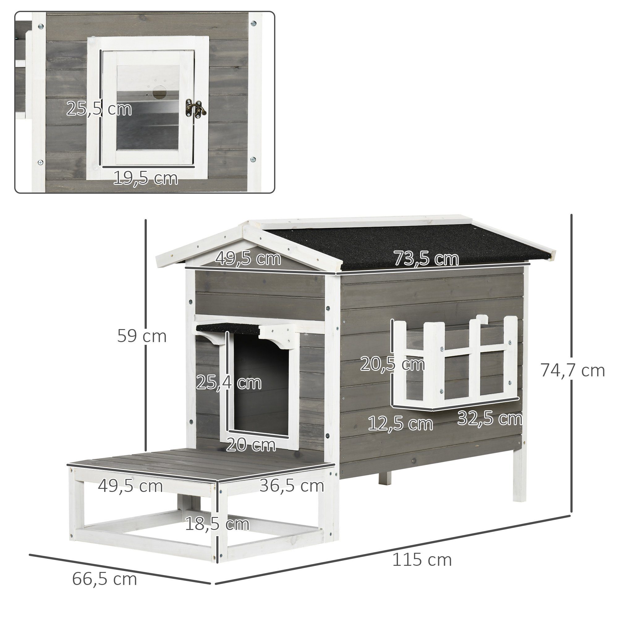 PawHut Tierhöhle Katzenhöhle, Kleintierhaus, mit Terrasse, für Katzen Hunde, für Garten, Balkon, Grau + Weiß