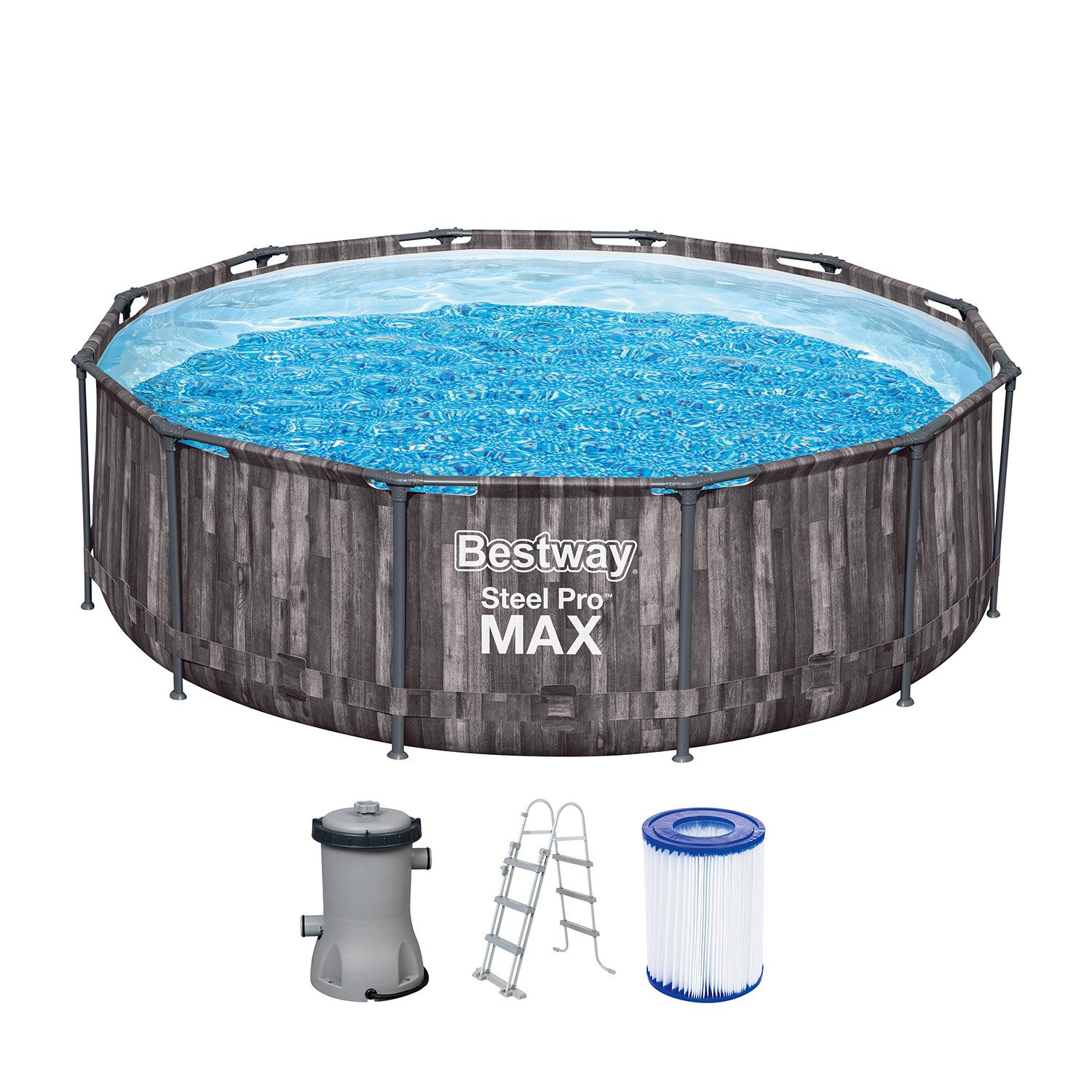 Bestway Framepool Steel Pro MAX™ Frame Pool-Set mit Filterpumpe Ø 366 x 100 cm, Holz-Opt (Set)