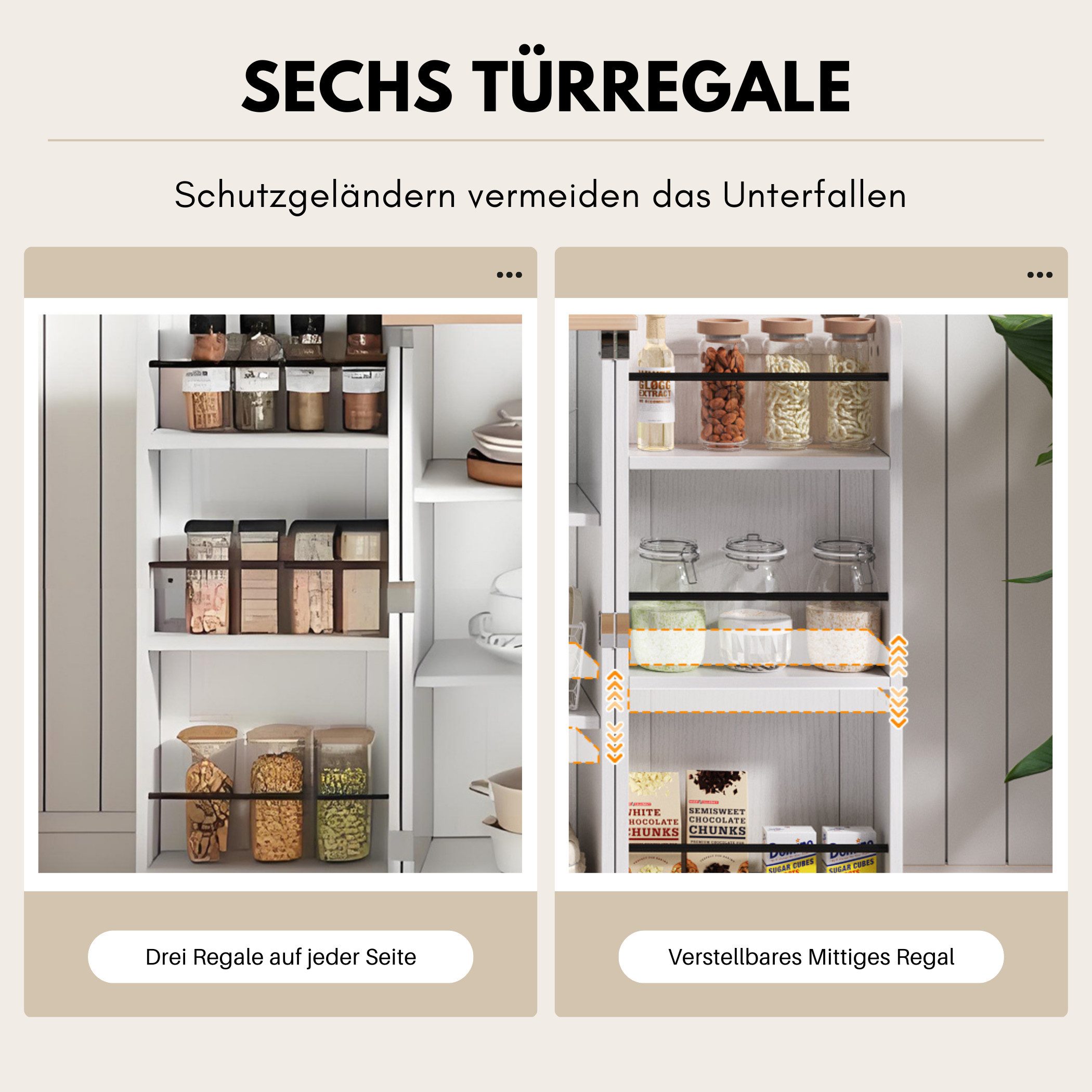 SeedWave Anrichte Modern Küchenbuffet Mehrzweckschrank Beistellschrank mit Viel Stauraum, Türregale mit Schutzgeländern, Wandhalterung für Anti-Kipp Funktion