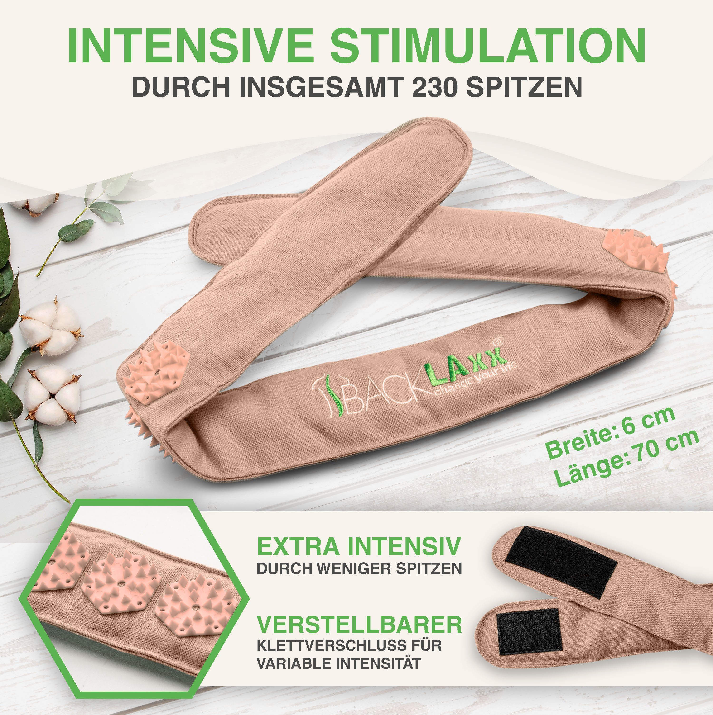 BACKLAxx® Massagegerät Akupressur Stirnband, Kopfband, Kopfmassagegerät mit Tasche zur Kopfmassage, Intensitätsregulierung durch Klettverschluss