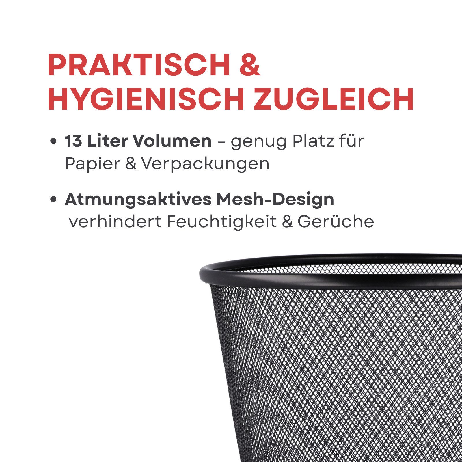 WESTCOTT Papierkorb Abfalleimer Mesh Schwarz (2er-Set), Mülleimer aus Drahtgeflecht 13l, Papierkorb für Büro, Homeoffice oder Haushalt