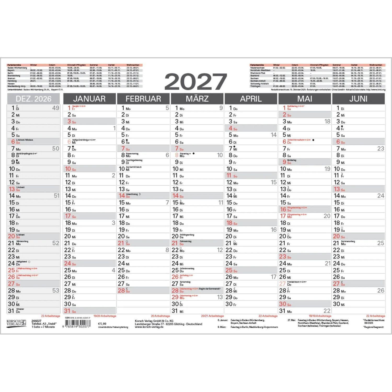 Korsch Verlag Wandkalender Tafelkalender A3 "Stabil" 2027