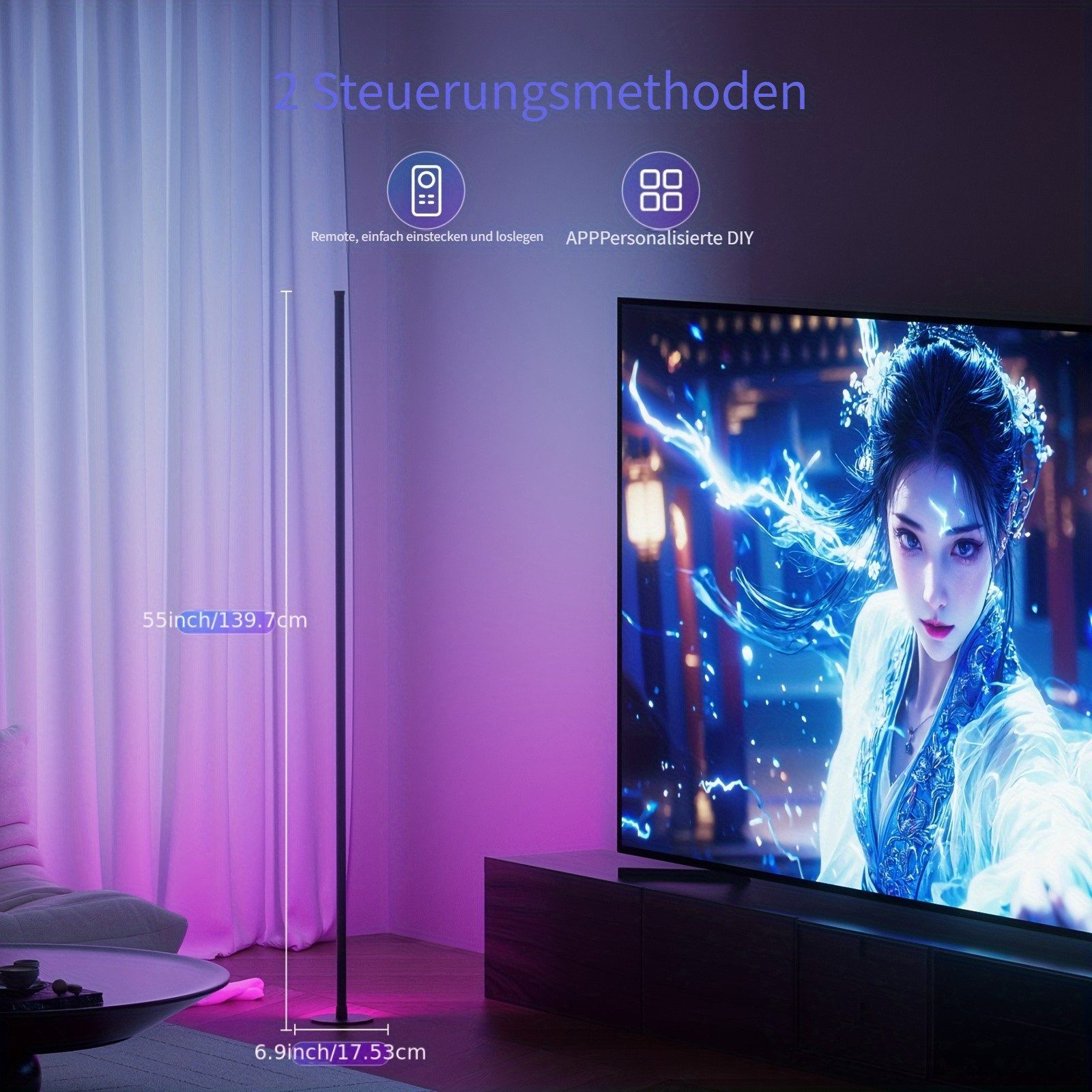 Novostella LED Stehlampe RGB LED Stehlampe, App & RF Fernbedienung für Wohnzimmer Schlafzimmer, LED fest integriert, RGB Licht, Warmes Weiß, RF Fernbedienung – Bild 4 von 5