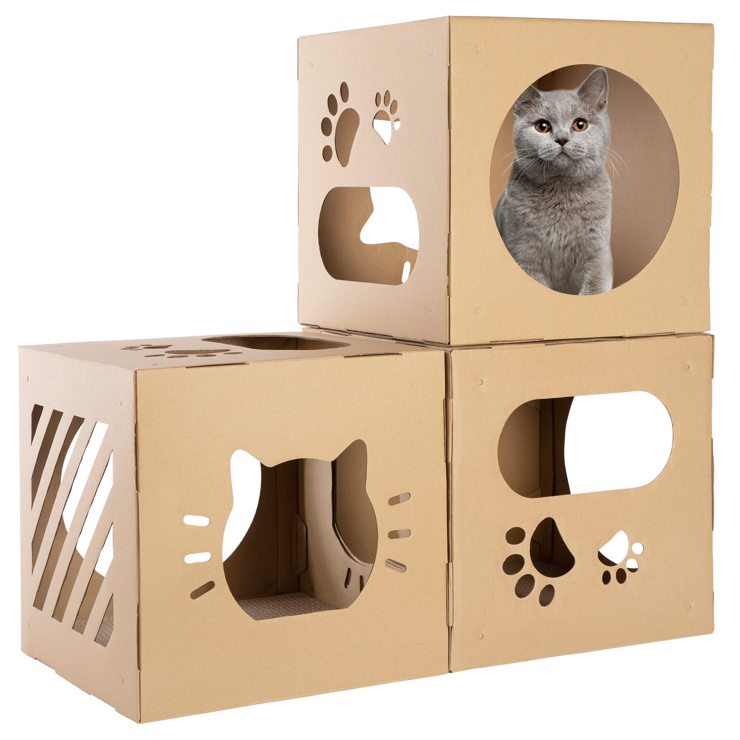 ONVAYA Tierbett Kartonhaus für Katzen mit Kratzboard ǀ Katzenhaus aus Pappe