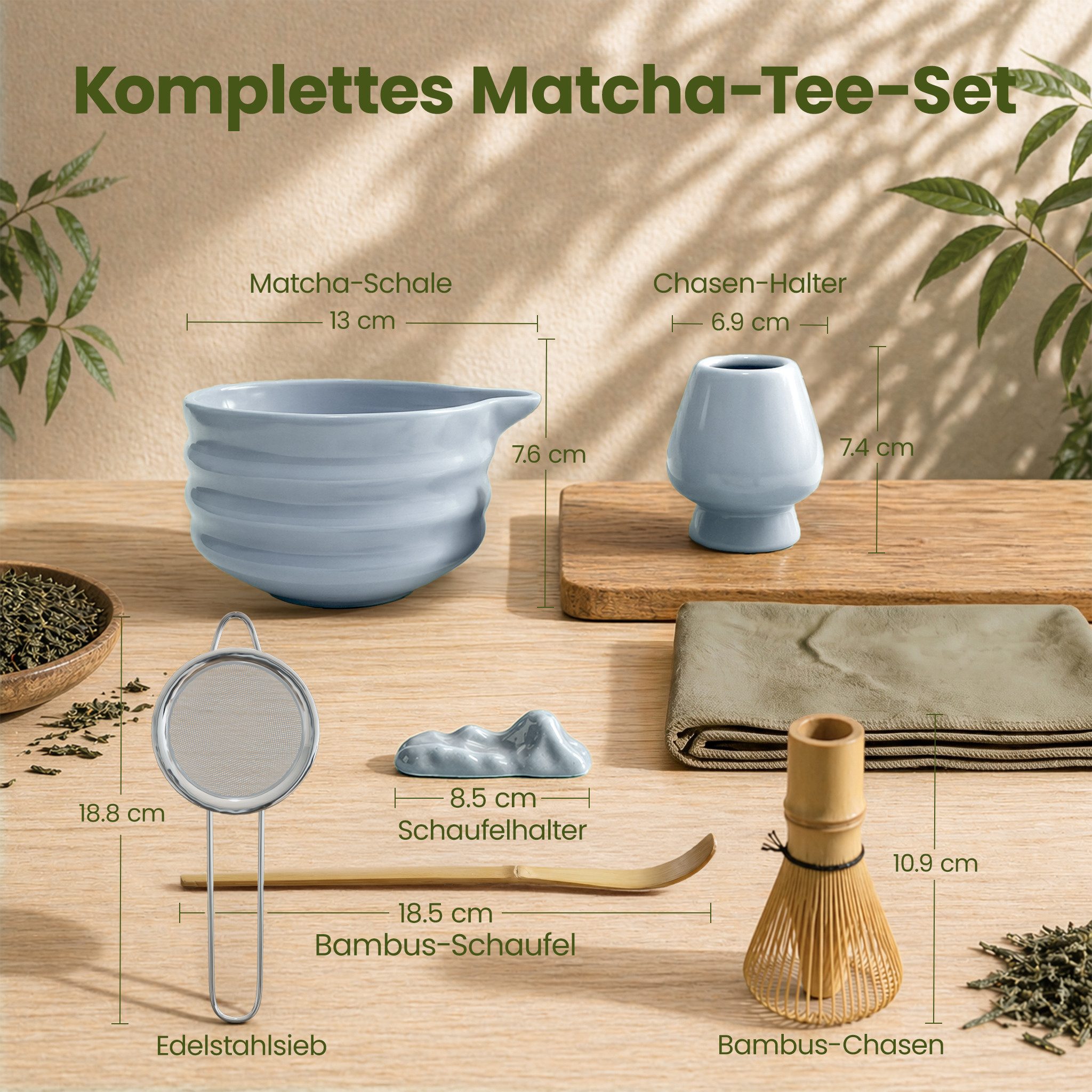 Lemontree Teeservice Matcha Set - 7-teiliges Matcha Tee Lebensmittelecht, Spülmaschinenfest, 1 Personen, Keramik, Matcha Zubehör Set Bambus Besen, Keramik Schale, Matcha Löffel & Sieb