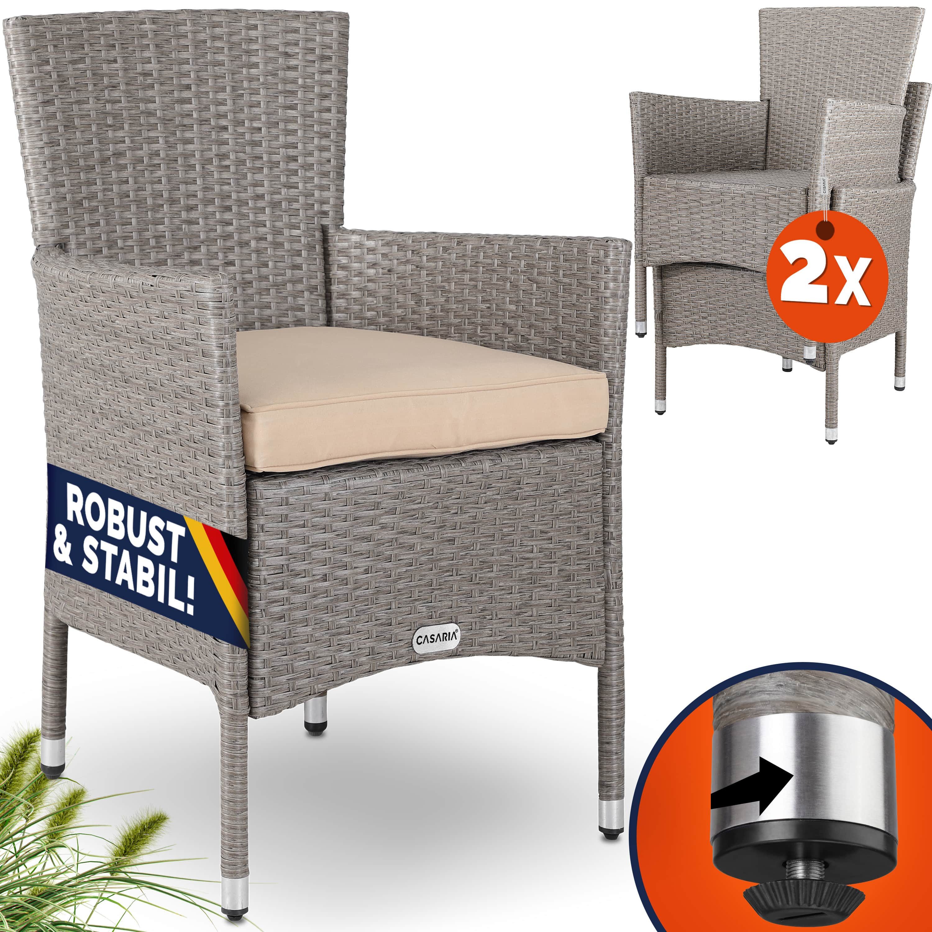 Casaria Gartenstuhl (2 St), Polyrattan 2er Set Stapelbar 7cm Auflagen 160kg Belastbarkeit