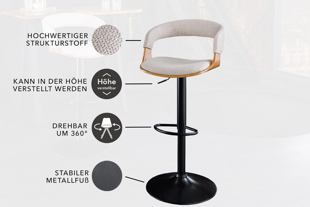 riess-ambiente Barhocker MANHATTAN beige / natur / schwarzHATTAN beige / schwarz (Einzelartikel, 1 St), Strukturstoff · Metall · höhenverstellbar · 360° drehbar – Bild 4 von 5