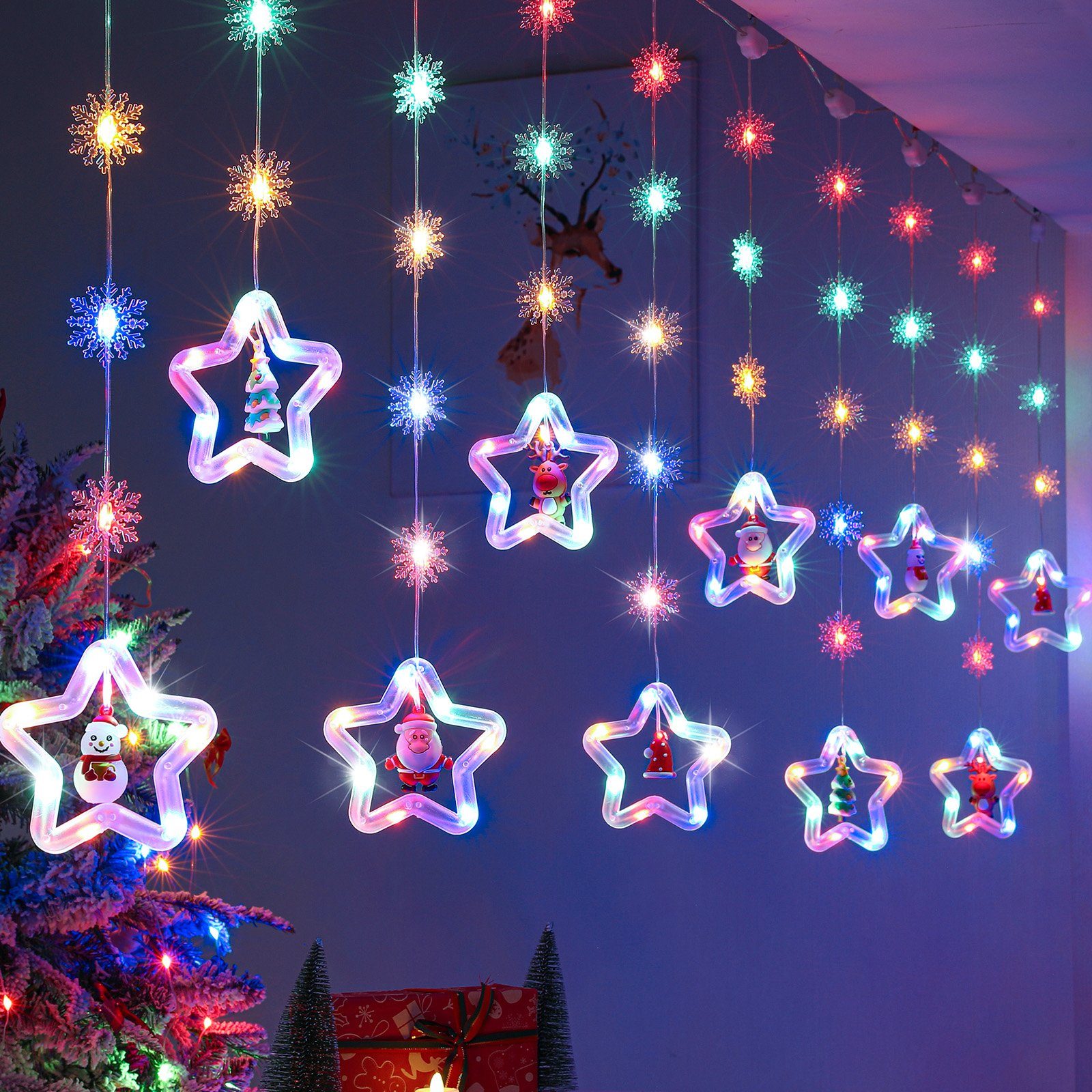 Rosnek LED-Lichtervorhang 3M, 8 Modi, 10 Weihnachtsornamente, für Feiertage Parties, mit Haken; Wohnzimmer Deko | Lichtervorhänge
