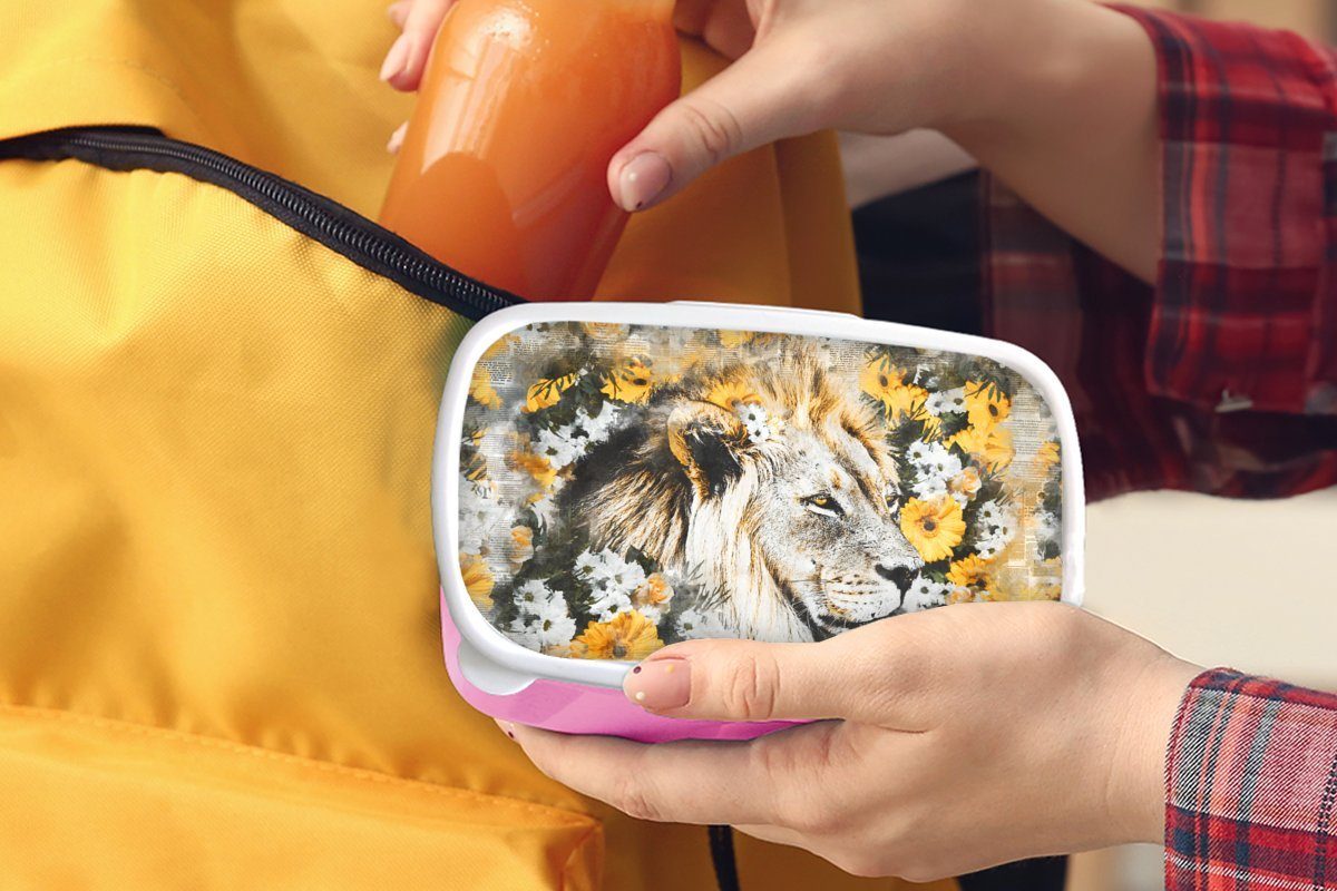 Mädchen, Löwe Weiß, - Brotdose für Erwachsene, (2-tlg), Kunststoff, Blumen Kinder, Brotbox Snackbox, - Lunchbox Kunststoff - Schwarz rosa MuchoWow