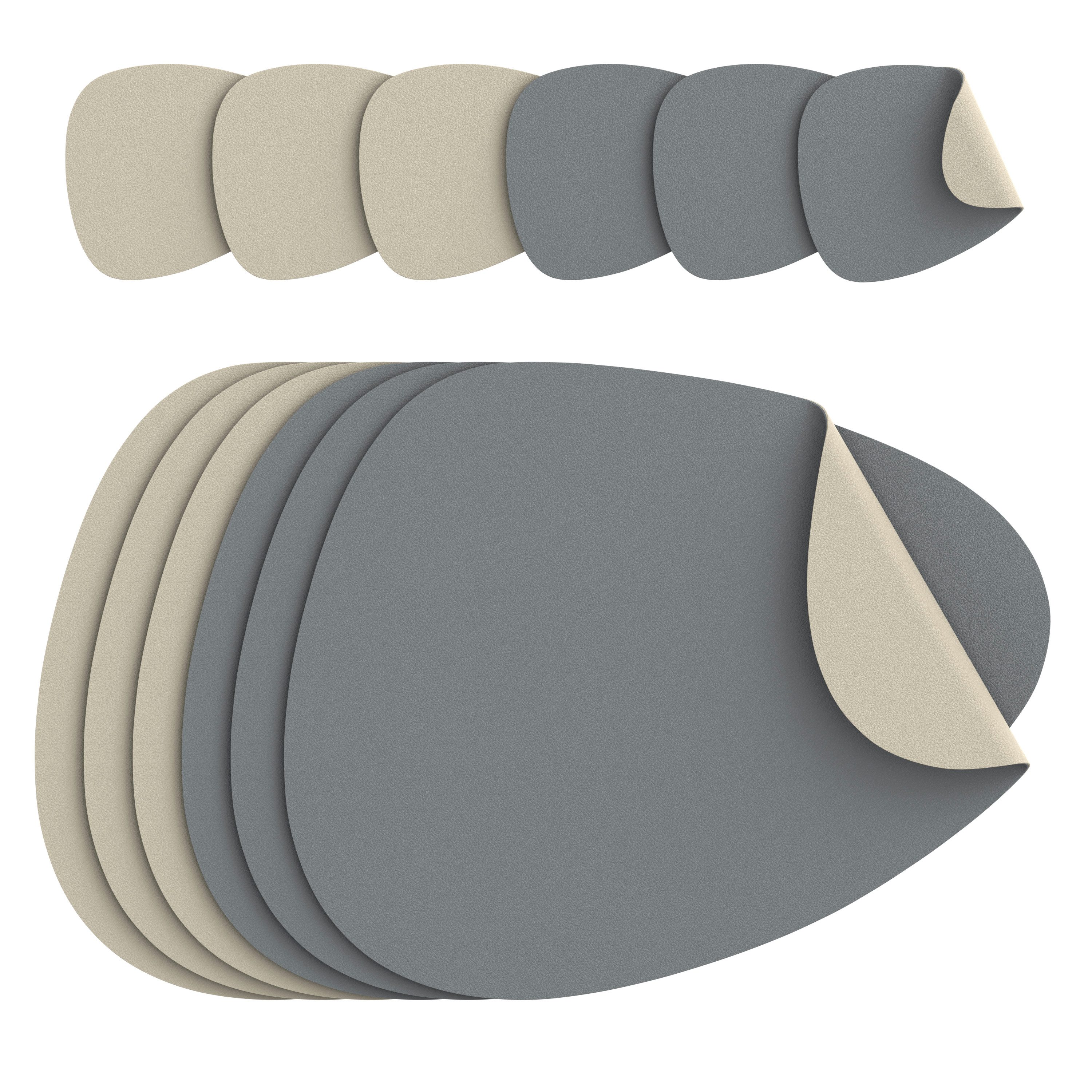 Arendo Platzset 6er Set Premium Tischset doppelseitig, Kunstleder, rutschfest, oval, (Set, 12-St., 6 Tischsets + 6 Getränkeuntersetzer), wasserabweisend, abwischbar, Tellerunterlage & Getränkeuntersetzter