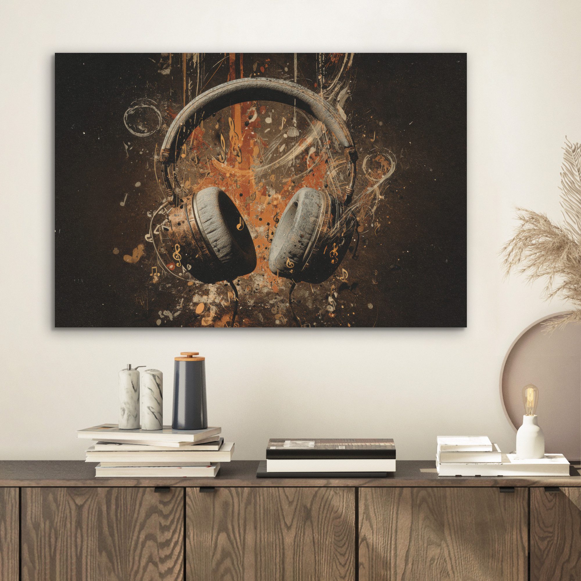 MuchoWow Gemälde Kopfhörer - Braun - Dynamische Pinselstriche, Fotodruck (1 St), Akustikbilder Schallabsorber, Wandpaneele, Akustikpaneele 70x50 cm