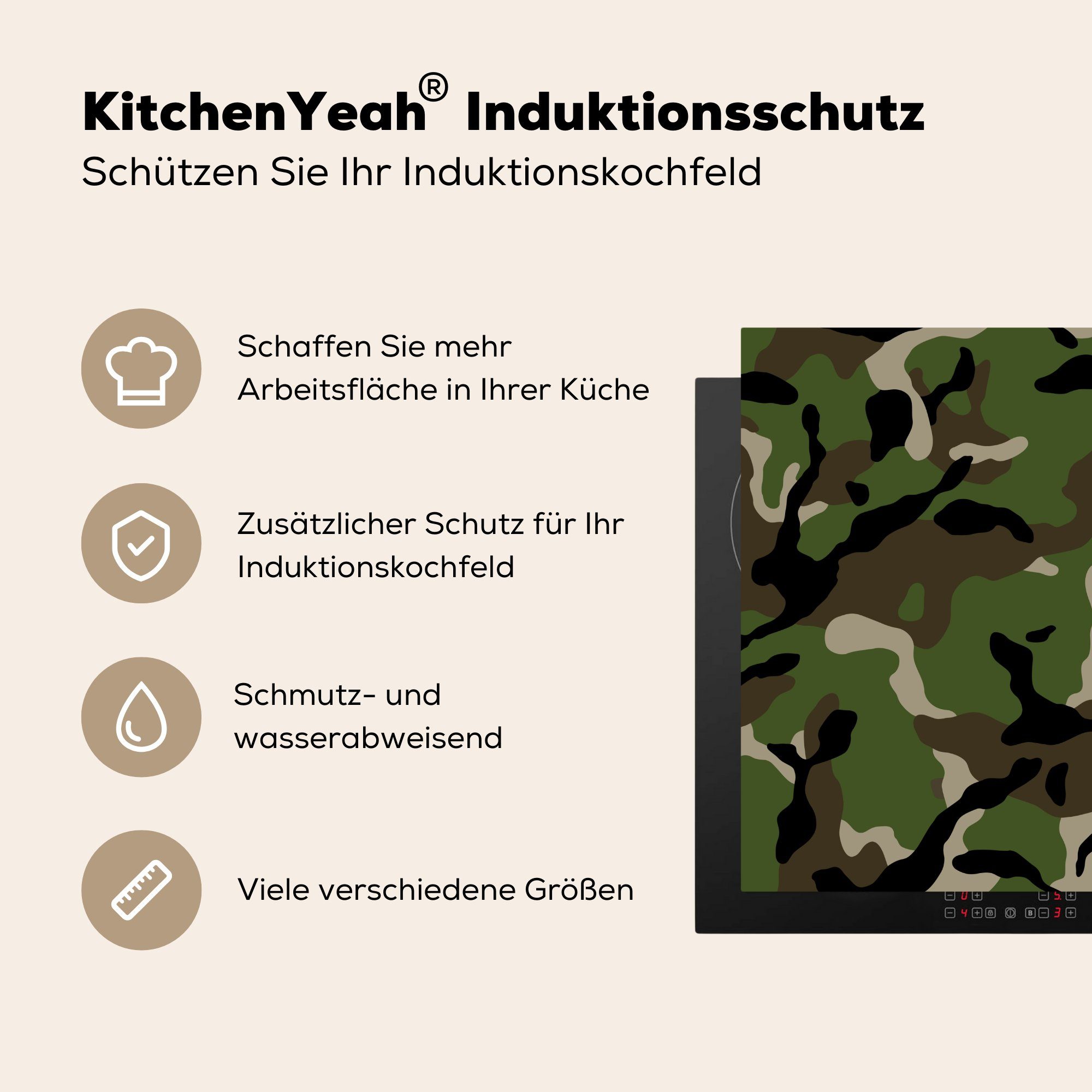 78x78 cm, Herdblende-/Abdeckplatte für Militärisches MuchoWow Arbeitsplatte Vinyl, Ceranfeldabdeckung, (1 küche Tarnungsmuster, tlg),