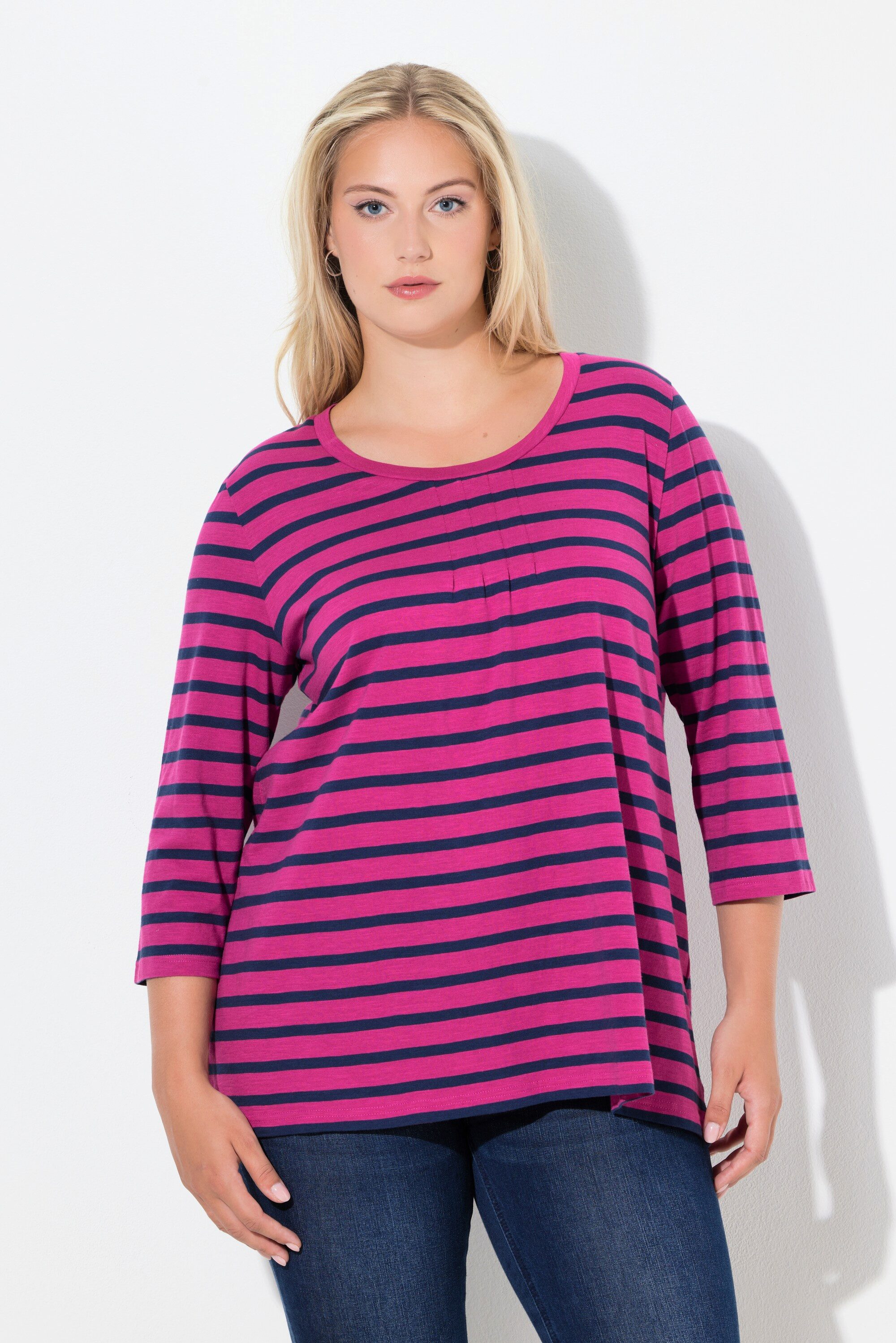 T-Shirt Shirt Ringel A-Linie Rundhals Zierfalten 3/4-Arm