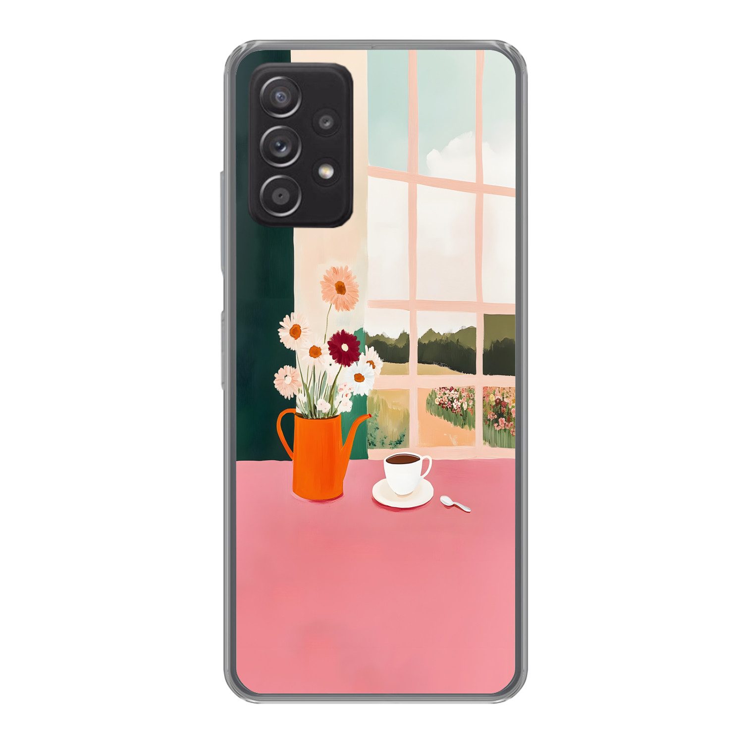 MuchoWow Handyhülle für Samsung Galaxy A53 5G Blumen - Kaffee - Fenster, Phone Case, Silikon, Schutzhülle Dünn