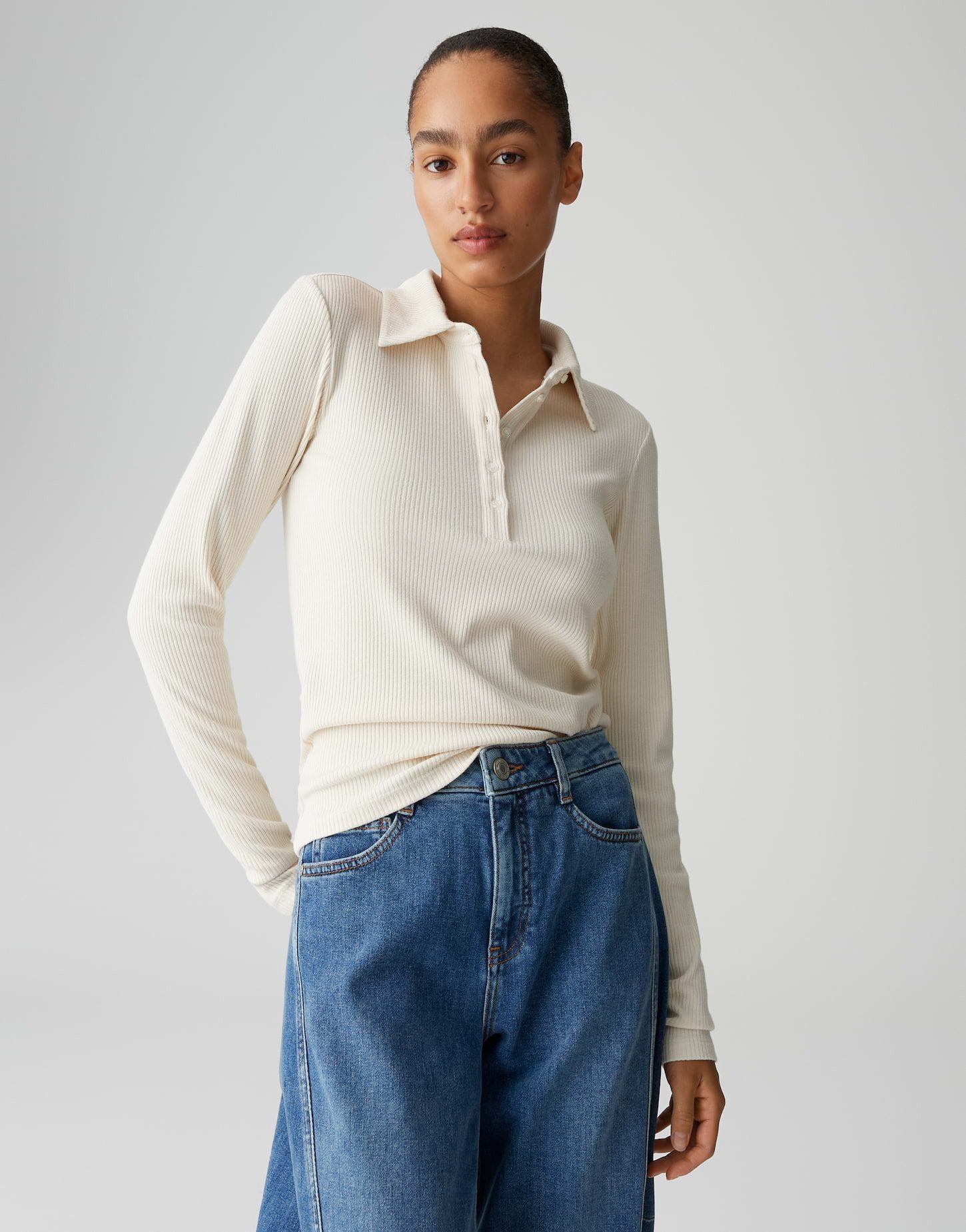 OPUS Langarm-Poloshirt SULONA Slim mit Rippenstruktur schmale Passform, wei günstig online kaufen
