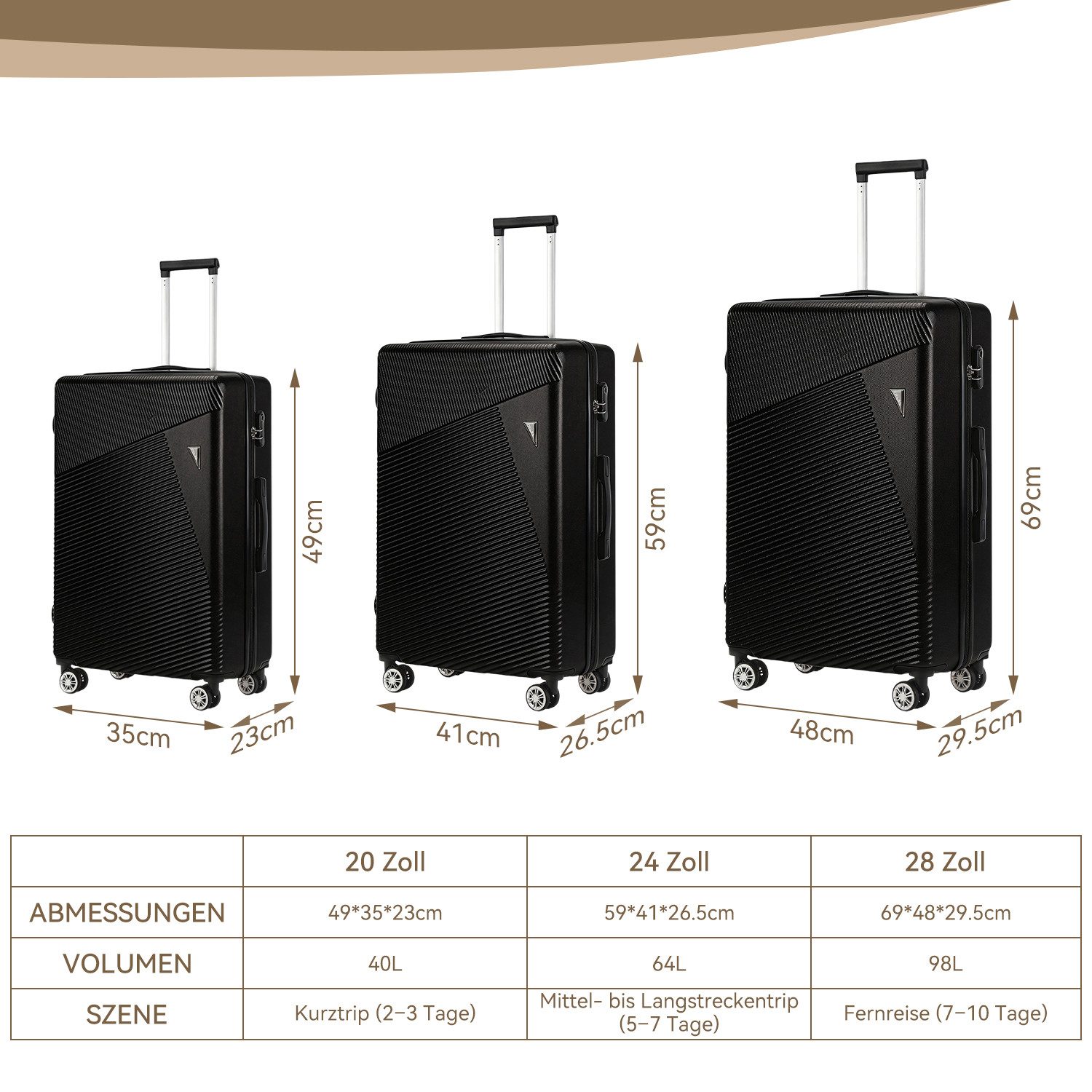 oyajia Kofferset 3-teiliges Hartschalenkoffer Set 20/24/28 Zoll aus ABS, (Reisekoffer Set mit 360° Doppelrollen und Teleskopgriff, 3 tlg., Koffer Set mit integriertem Zahlenschloss für Reise und Urlaub)