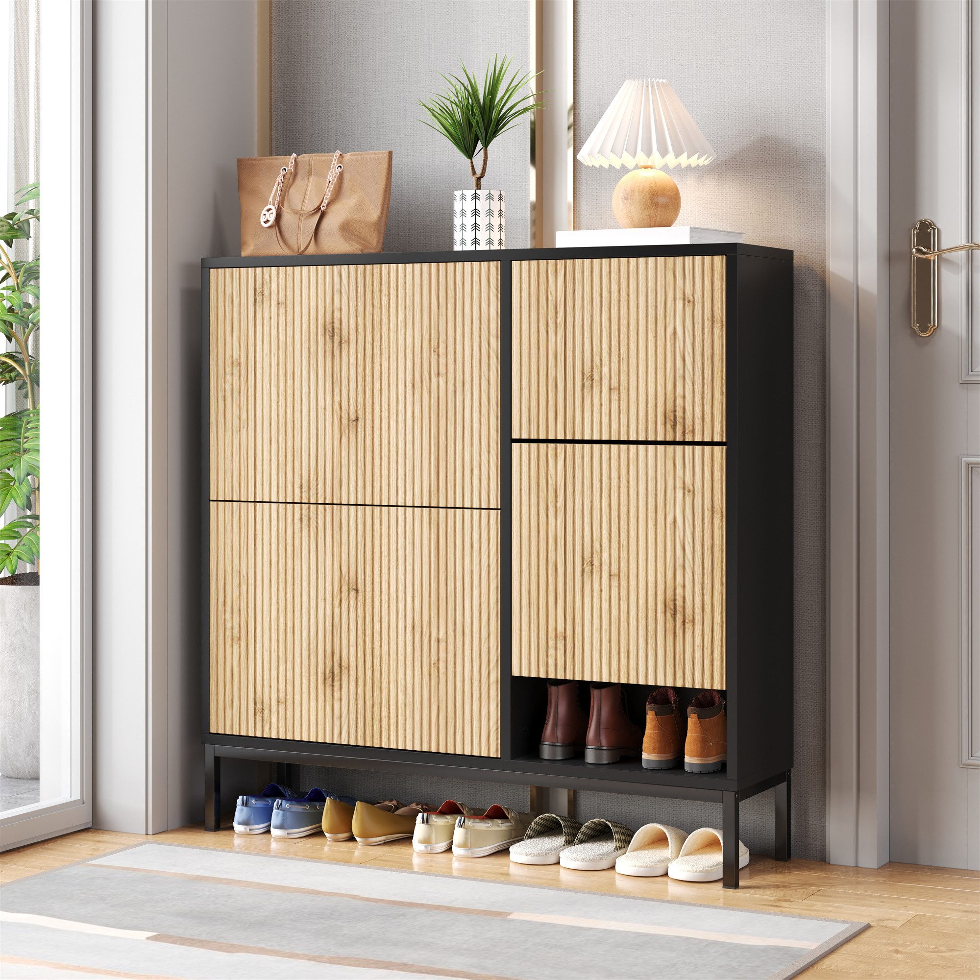 STILVORA Schuhschrank mit Schuhwechselhocker,Schuhregal Aufwahrungsschrank mit Klapptüren (Schuhregal, Schuhkommode, 1-St., Schuhregal mit drei Klappen) mit Schuhwechselhocker, offenem Stauraum