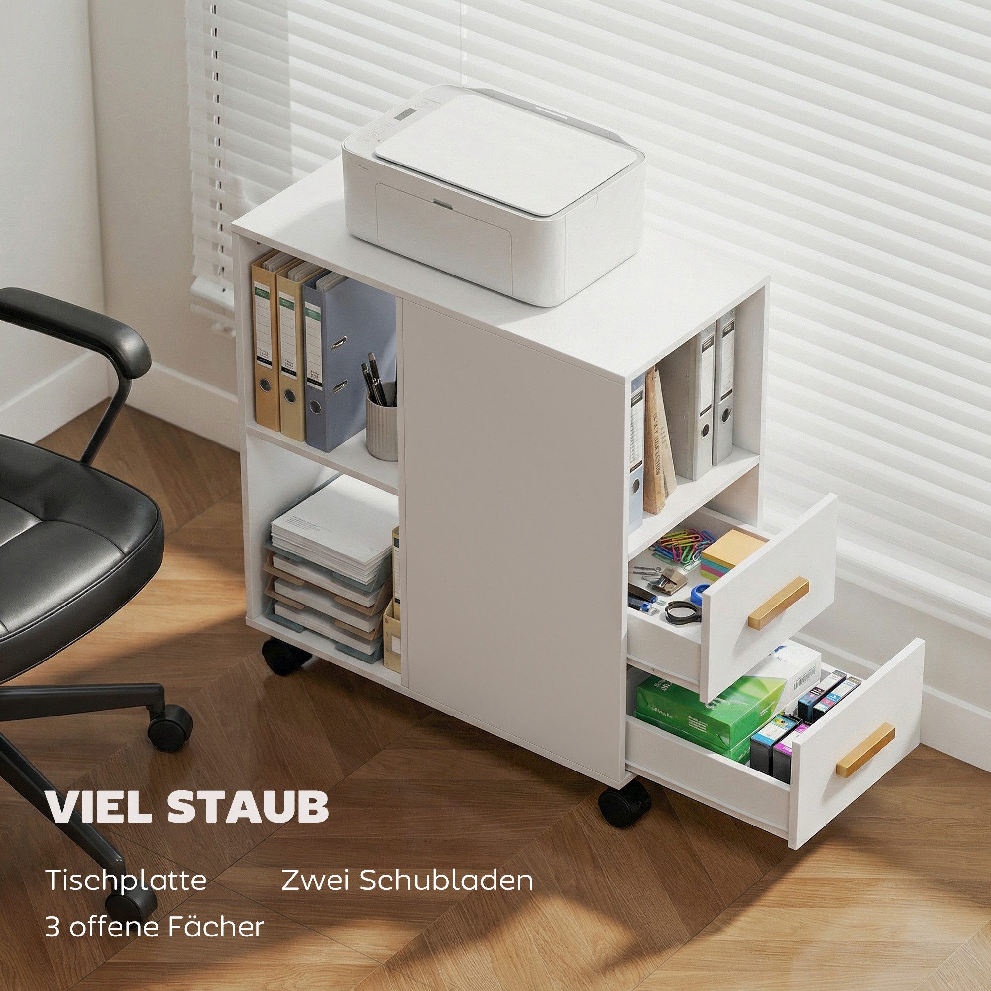 HOMCOM Aktenschrank Druckerständer Druckertisch Schreibtisch Organizer für Drucker (Set, 1-St., Druckerwagen) Mit Rollen und verstellbarem Regalboden – Bild 4 von 5