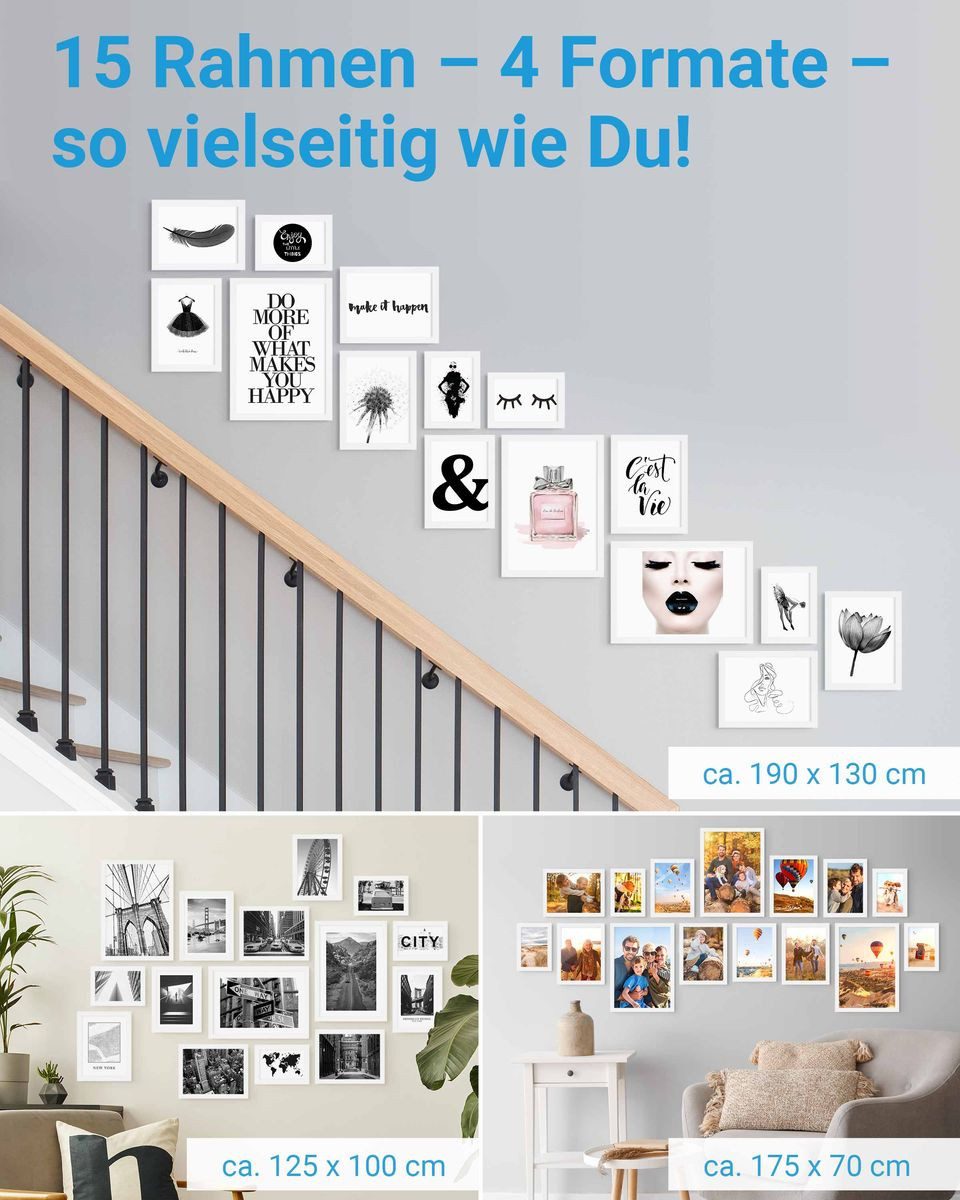 PHOTOLINI Bilderrahmen 15er Set No.2 Poster-Rahmen in verschiedenen Formaten für Einzelbilder, für 15 Bilder (15er Set No.2), MDF Holz, Acrylglas & Zubehör, For – Bild 2 von 5