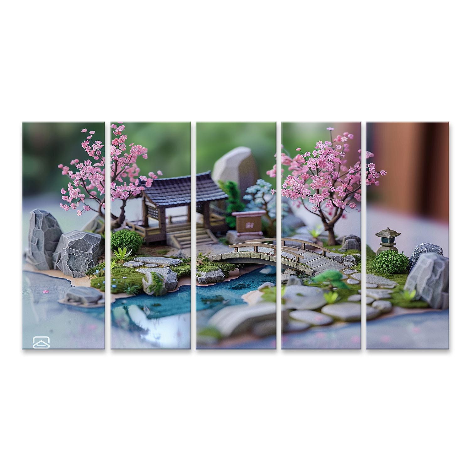 islandburner Leinwandbild Miniatur-Japanischer Zen-Garten mit Kirschblütenbaum, kleiner Brücke