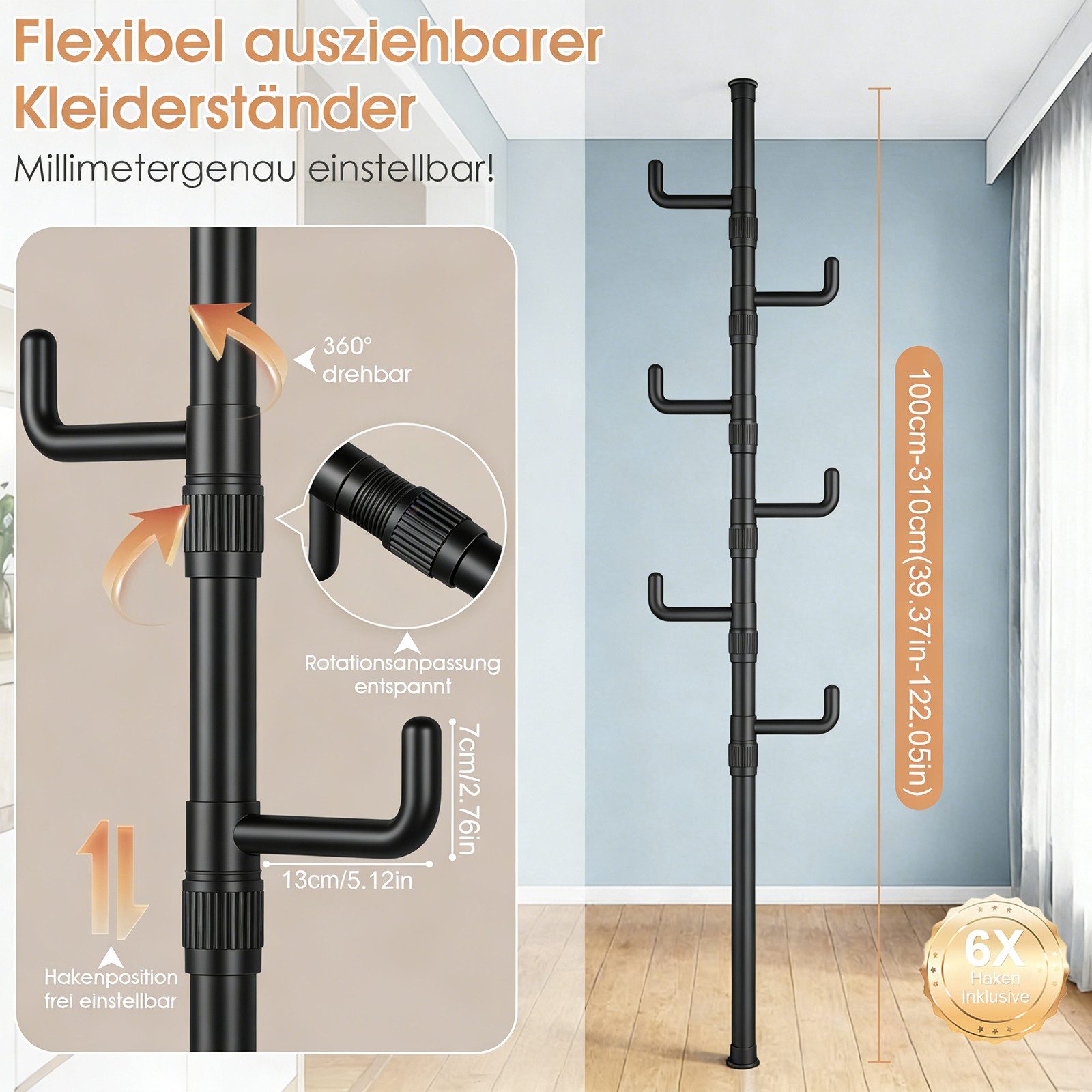 TWSOUL Teleskopregal Garderobenständer ausziehbar 6 Haken 100-310cm Telesko günstig online kaufen