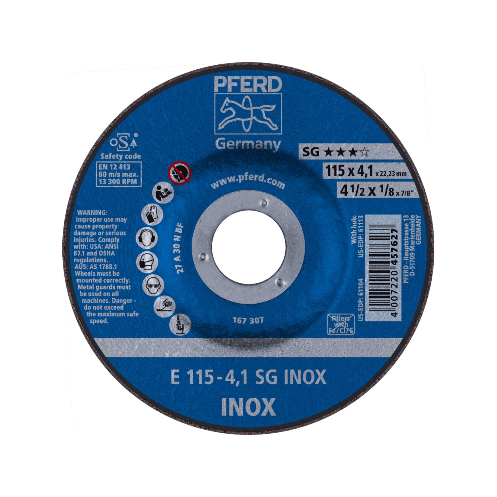 Pferd Schleifscheibe PFERD TOOLS Schruppscheibe E 115x4,1x22,23 mm Leistungslinie SG INOX f