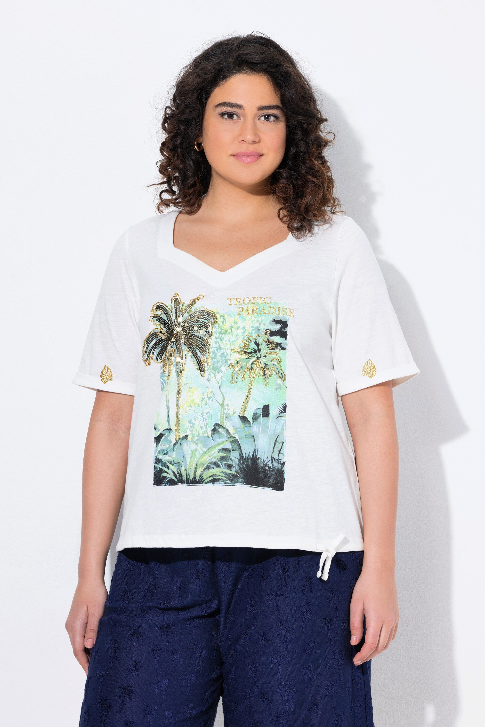 Ulla Popken T-Shirt T-Shirt Tunnelzug Palmen Herzausschnitt Halbarm günstig online kaufen