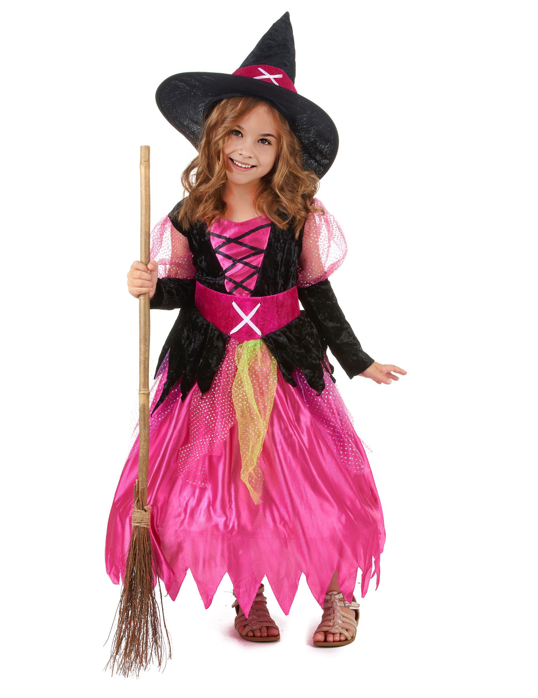 JADEO Hexen-Kostüm kleine Hexe Mädchen Halloween-Kostüm pink-schwarz-grün