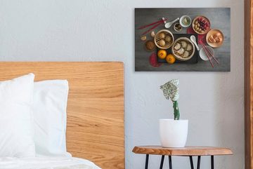 OneMillionCanvasses® Leinwandbild Draufsicht auf chinesisches Essen auf einem Holztisch mit Stäbchen, (1 St), Wandbild Leinwandbilder, Aufhängefertig, Wanddeko, 30x20 cm