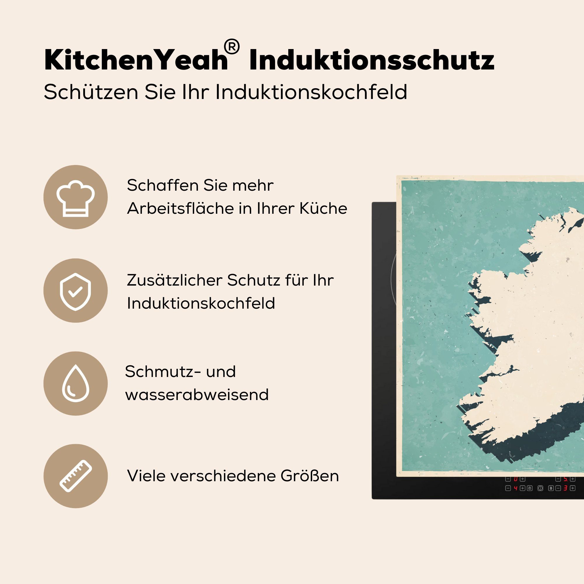 MuchoWow Herdblende-/Abdeckplatte Irland (1 küche Karte 78x78 tlg), Ceranfeldabdeckung, von für Vintage-Stil, cm, Arbeitsplatte im Vinyl