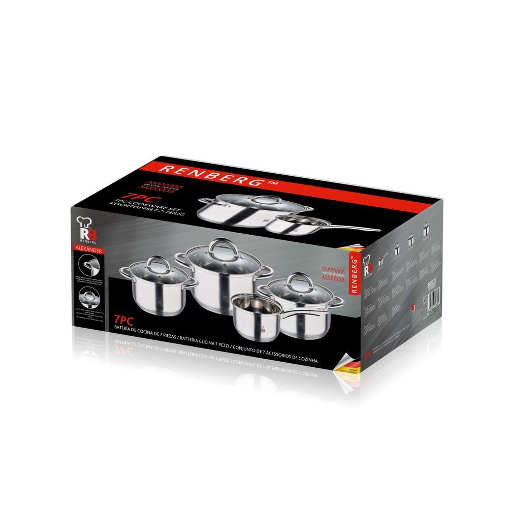 Renberg Topf-Set Edelstahl Kochtopf-Set ALEXANDER Kochtopfset RB-1660, Edelstahl (7-tlg., 4 Töpfe, 3 Deckel), Töpfe mit Messskala in Liter