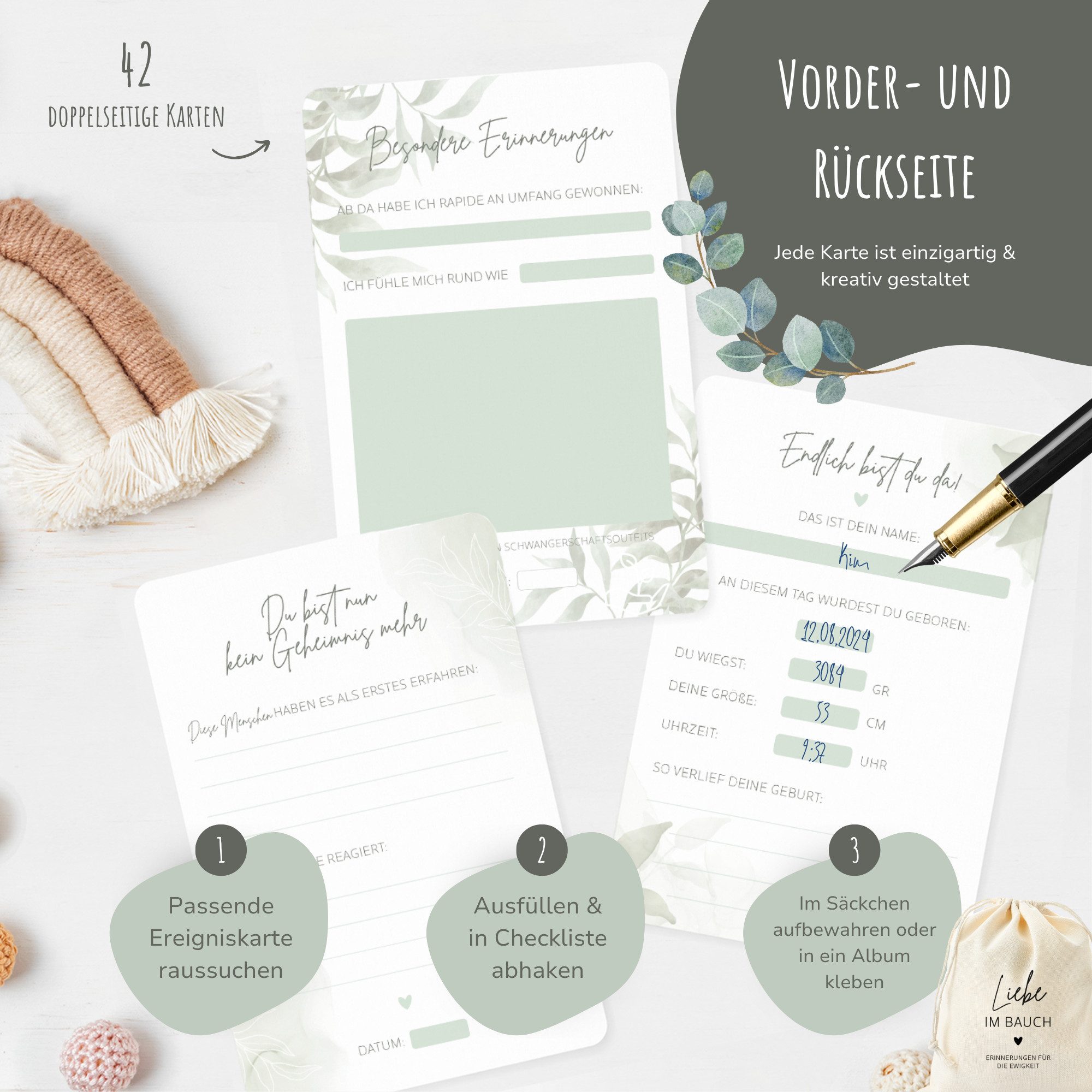MeinBaby123® Geburtskarte 42 Meilensteinkarten Schwangerschaft zum Ausfüllen, inkl. Baumwollsäckchen, Geschenk zur Schwangerschaft