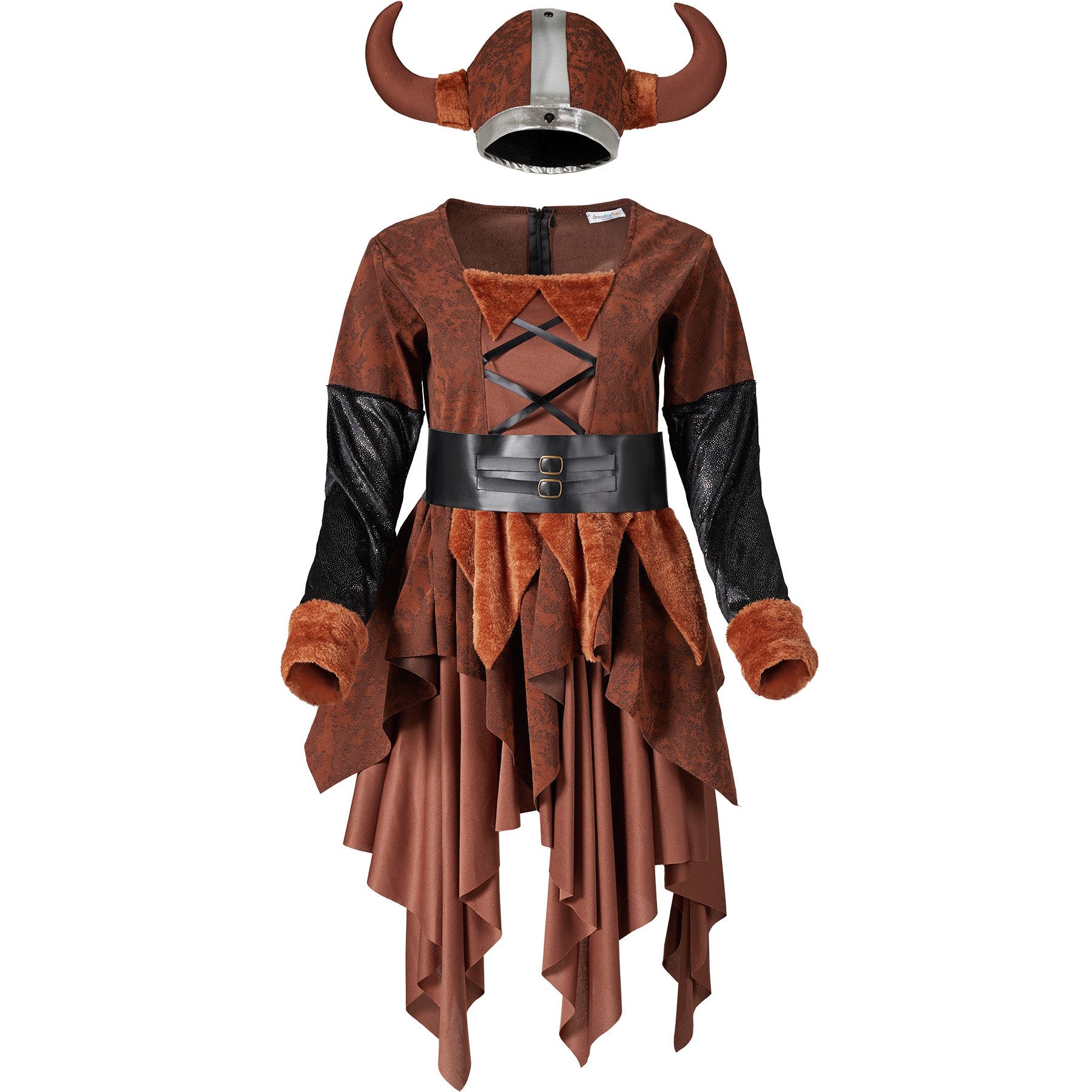 dressforfun Wikinger-Kostüm Nordfrau/Kriegerin Wikinger, in schwarz/braun, Konfektionsgröße XL, Knielanges Kleid mit passenden Accessoires, Komplettes Set: Mit Gürtel