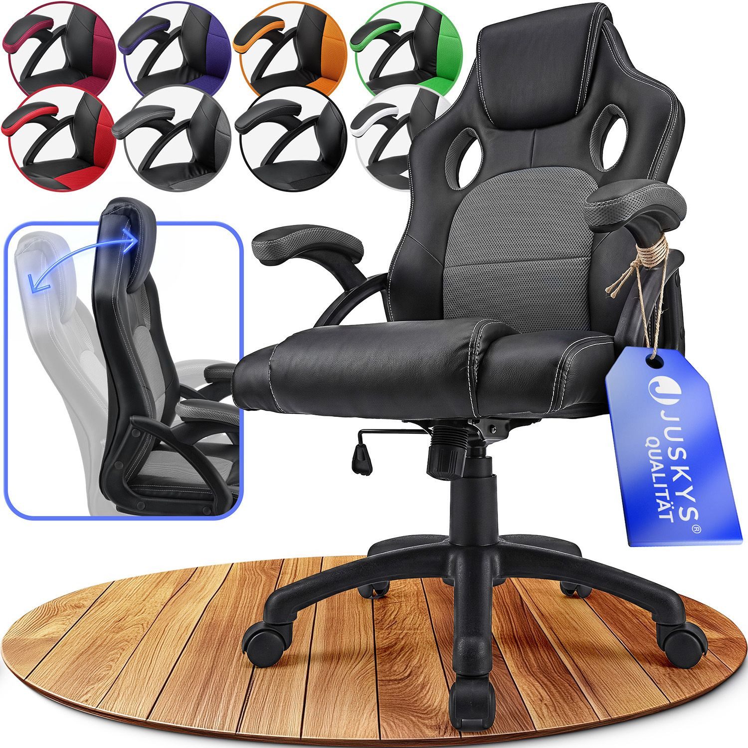 Juskys Gaming-Stuhl Montreal, Ergonomisch geformte Sitzfläche, Rückenlehne und Sitzfläche kippbar