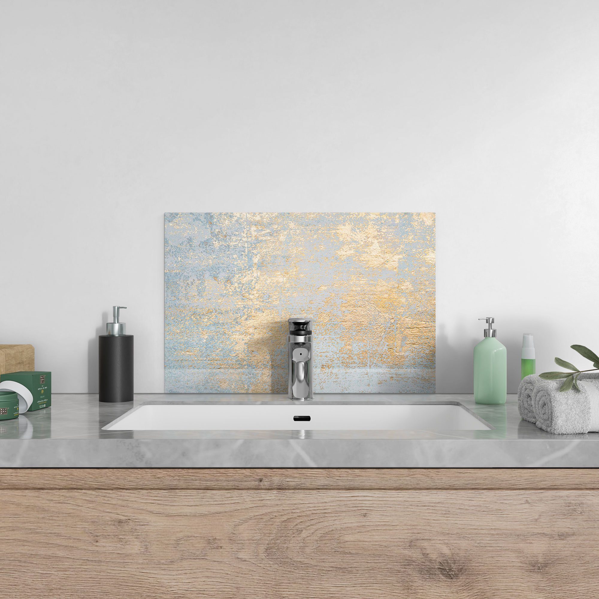 DEQORI Herdblende mit 'Wand Spritzschutz Küchenrückwand Gold-Struktur', Badrückwand Glas