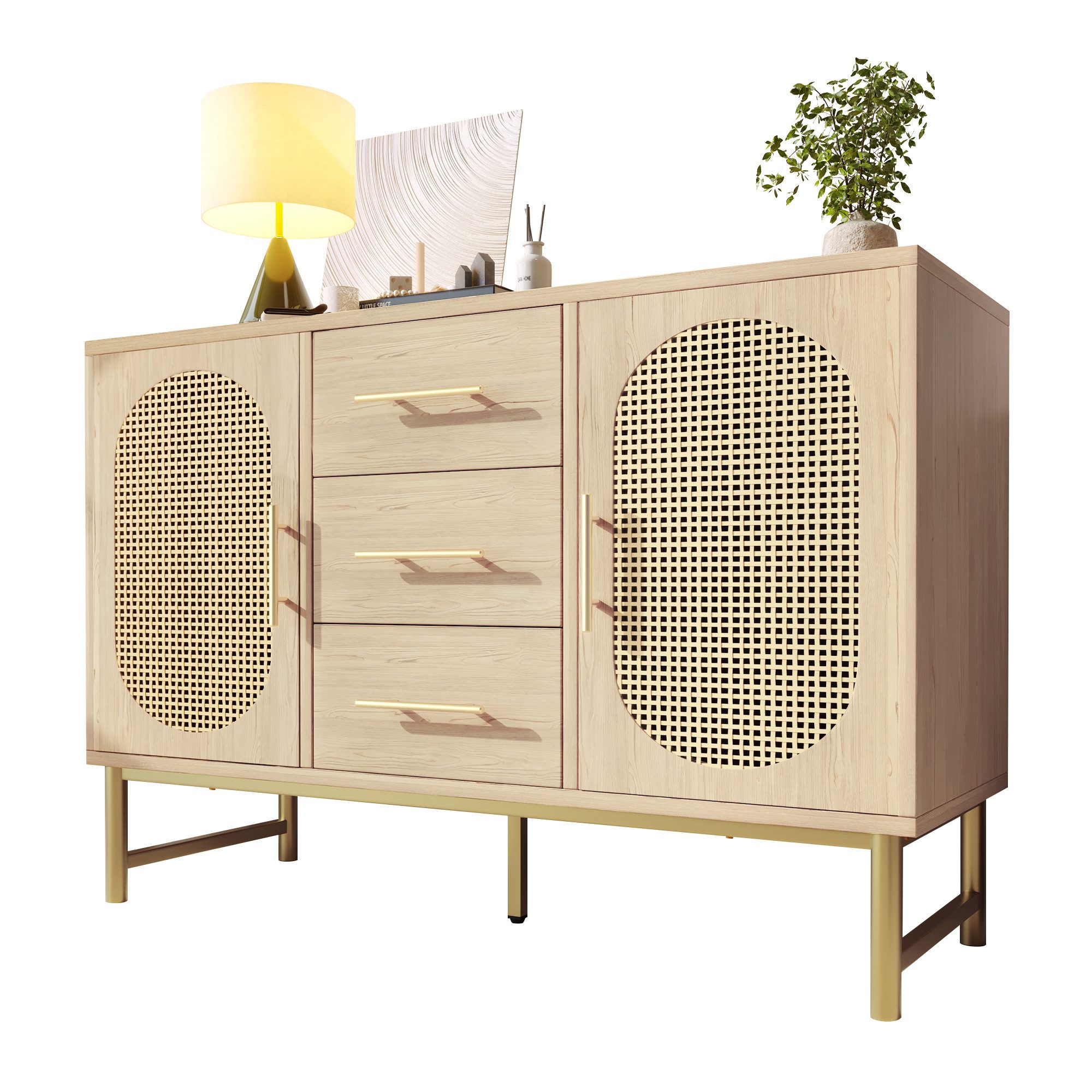 Flieks Kommode, Schrank Sideboard mit 3 Schubladen 2 Türen Rattan Eiche 120x40x74cm