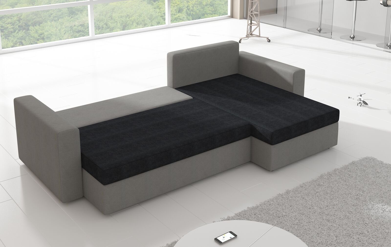Couch Polster Design Leder / Ecksofa JVmoebel Hellgrau Schlafsofa Schwarz Ecksofa, Bettfunktion