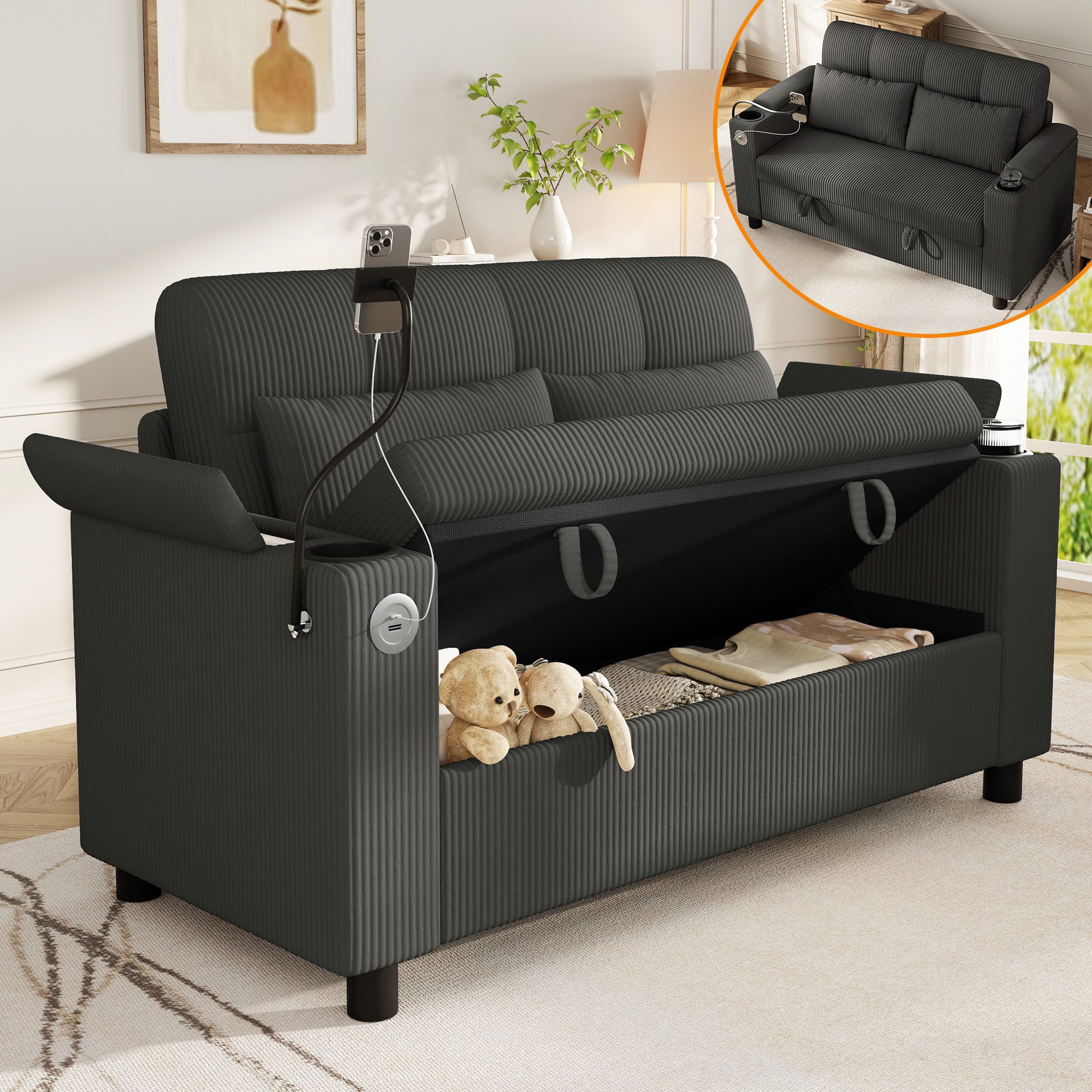 Merax 2-Sitzer Sofa mit Stauraum, Getränkehalter, Handyhalter & Armlehnen-Ablage, 136,5 x 79,5 x 83,6 cm 1 Teile, kleines Sofa mit USB & Type-C Ladeanschluss, Couch mit 2 Lendenkissen