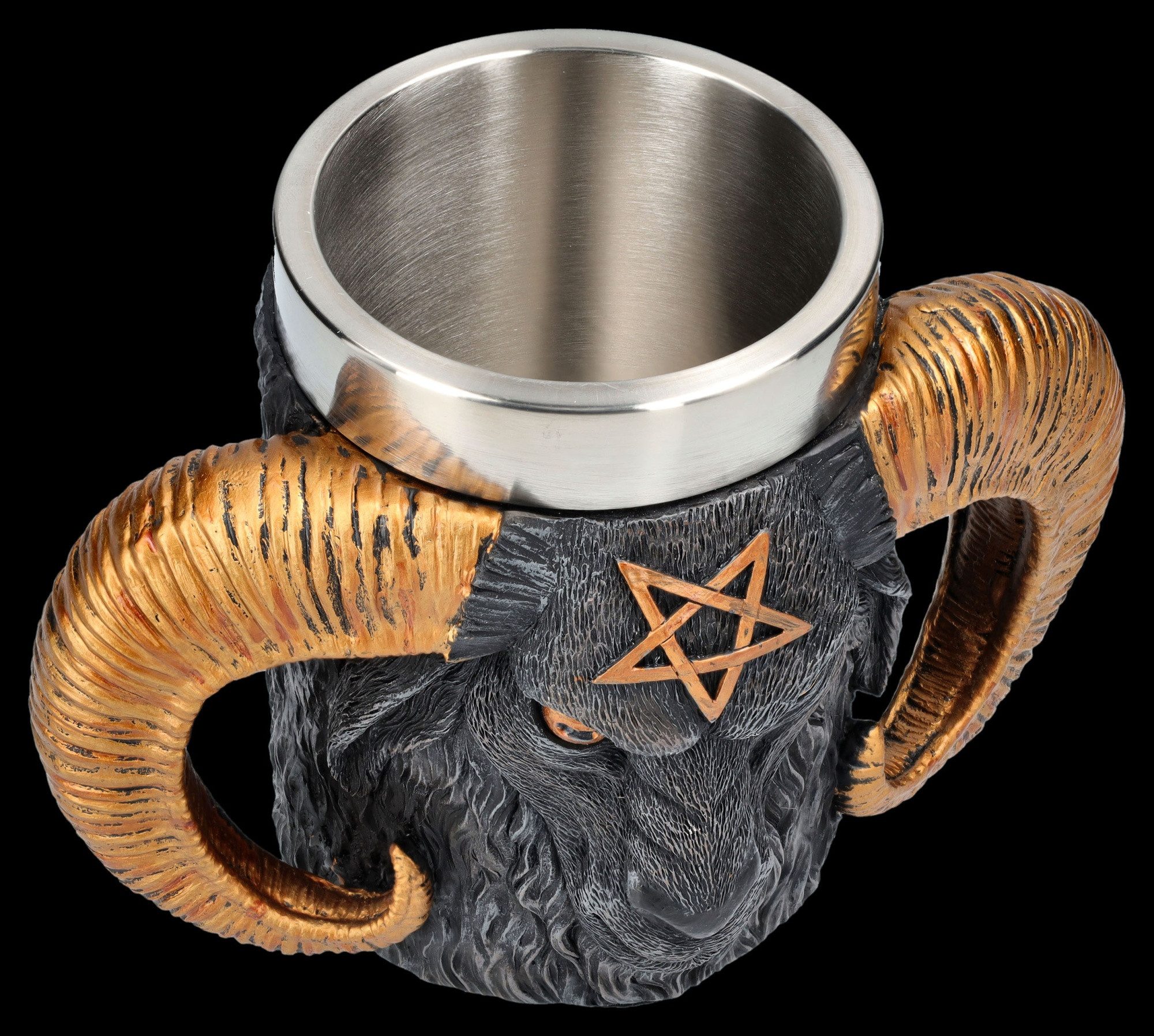 Figuren Shop GmbH Bierkrug Baphomet Trinkkrug – Okkult Ritualgefäß 14 cm 500 ml Gothic Bierkrug, Kunststein (Polyresin), Edelstahl